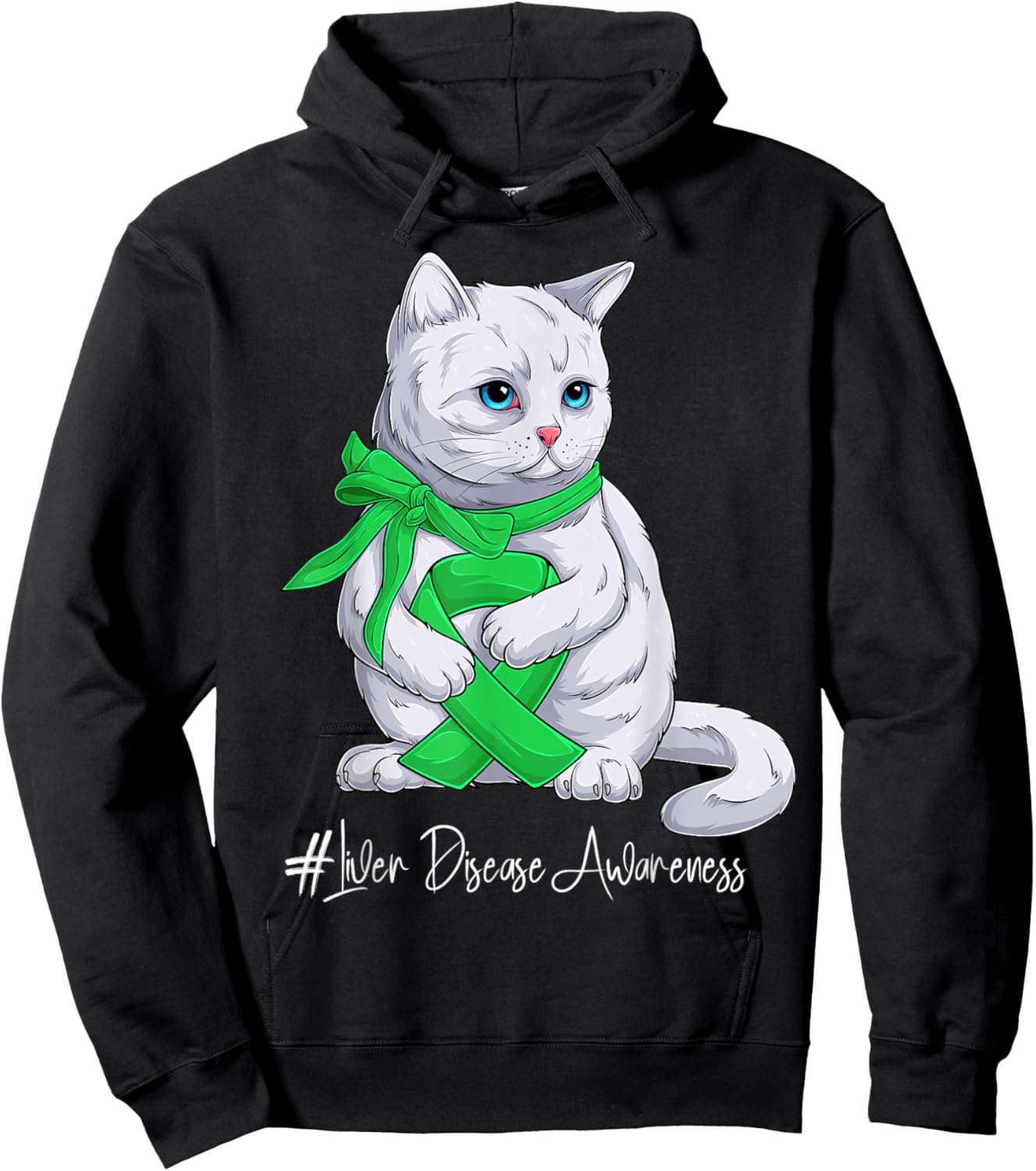 Liver Disease Awareness Month Green Ribbon Cat Women Kids Hoodie - Hoodie | Black