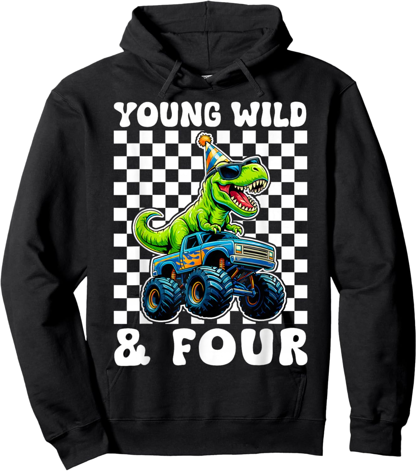 Young Wild & Four T-Rex Dino Monster Truck 4th Birthday Hoodie - Hoodie | Black