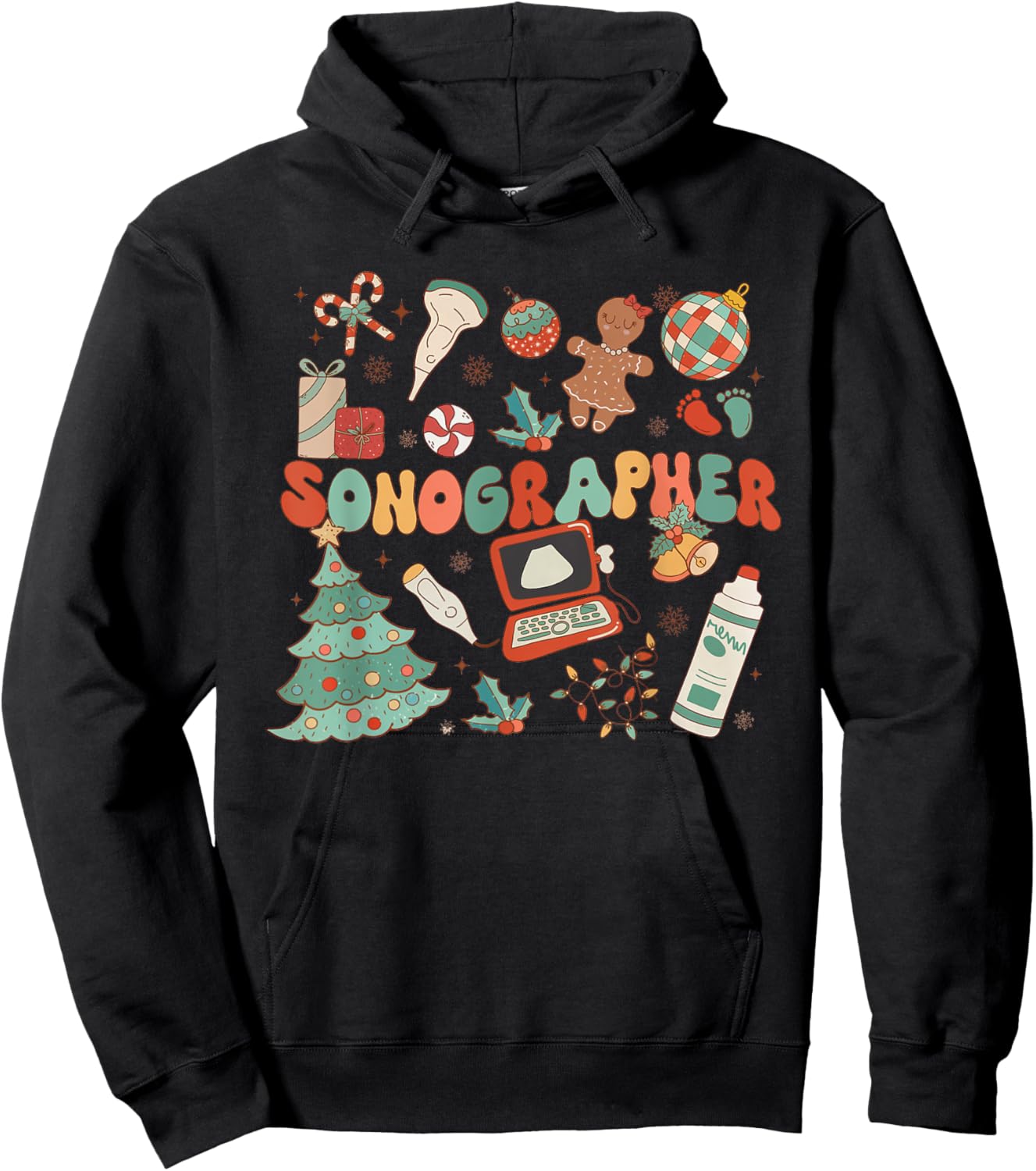 Groovy Retro Sonographer Christmas Ultrasound Tech Cardiac Hoodie - Hoodie | Black