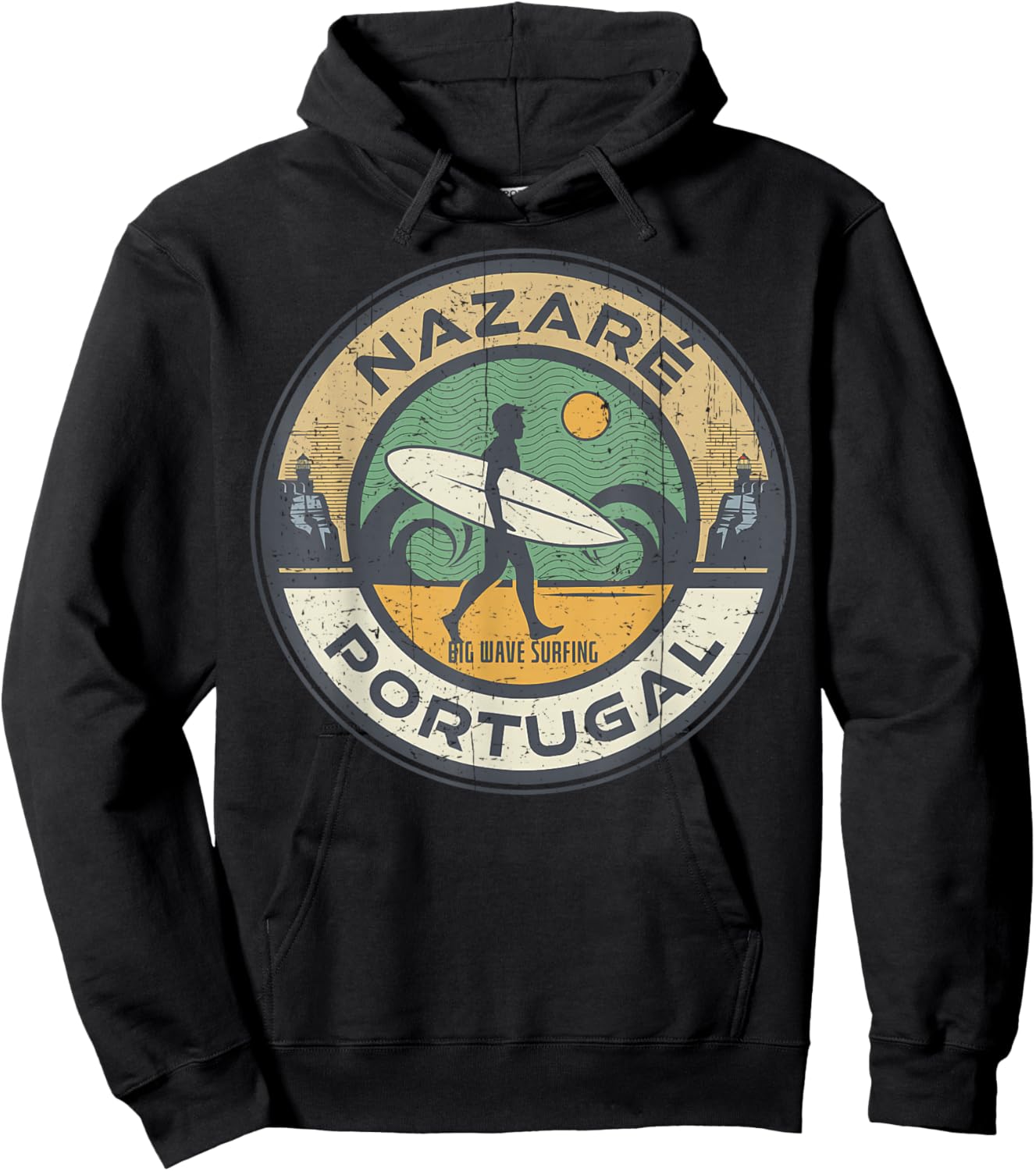 Vintage Nazare Portugal Beach Vintage Retro Surfing Hoodie - Hoodie | Black