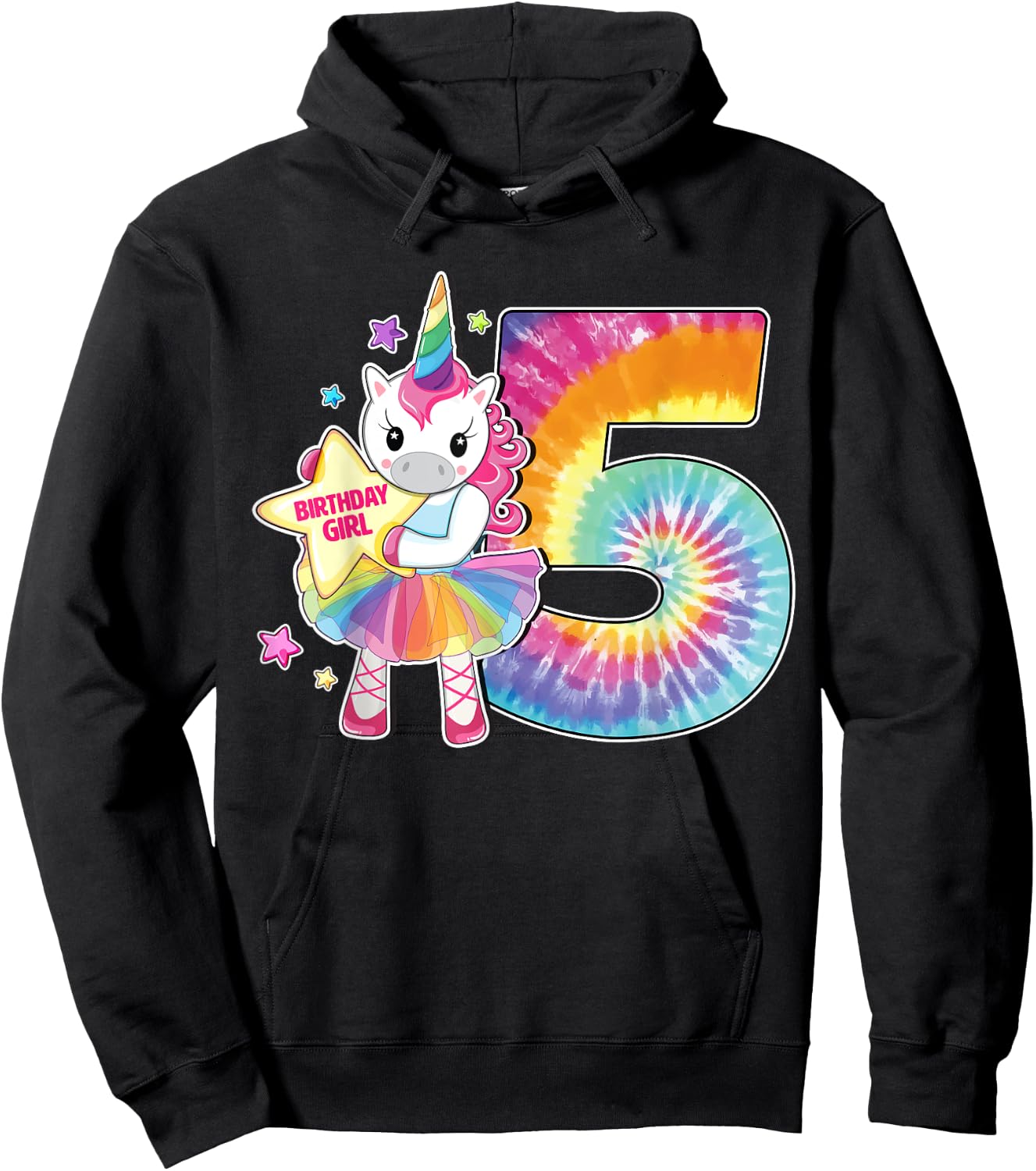 5th Birthday Unicorn Shirt Gift Girls Age 5 Tie Dye Hoodie - Hoodie | Black