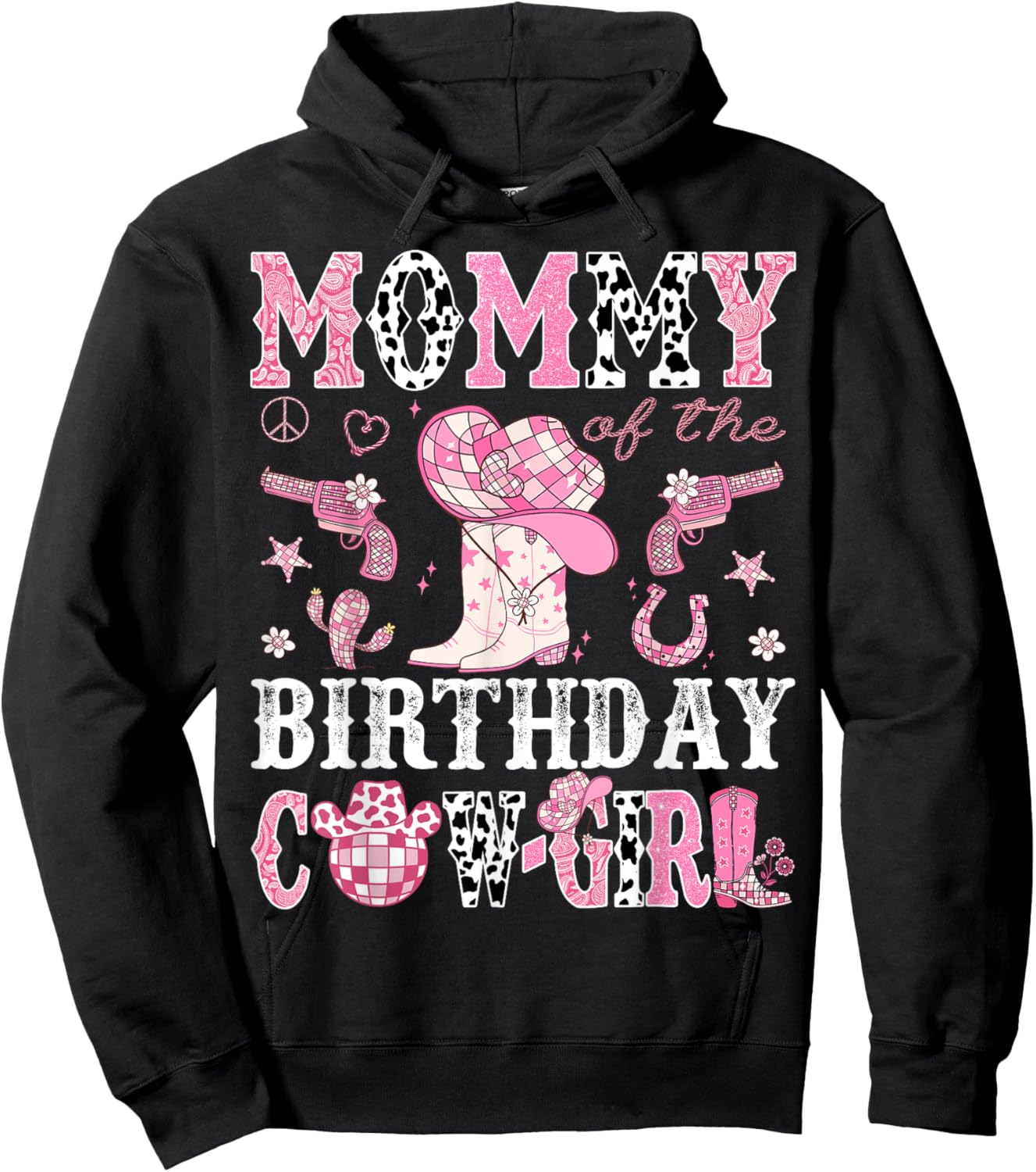 Mommy Of The Birthday Cow-Girl Pink Disco Rodeo Western Hoodie - Hoodie | Black