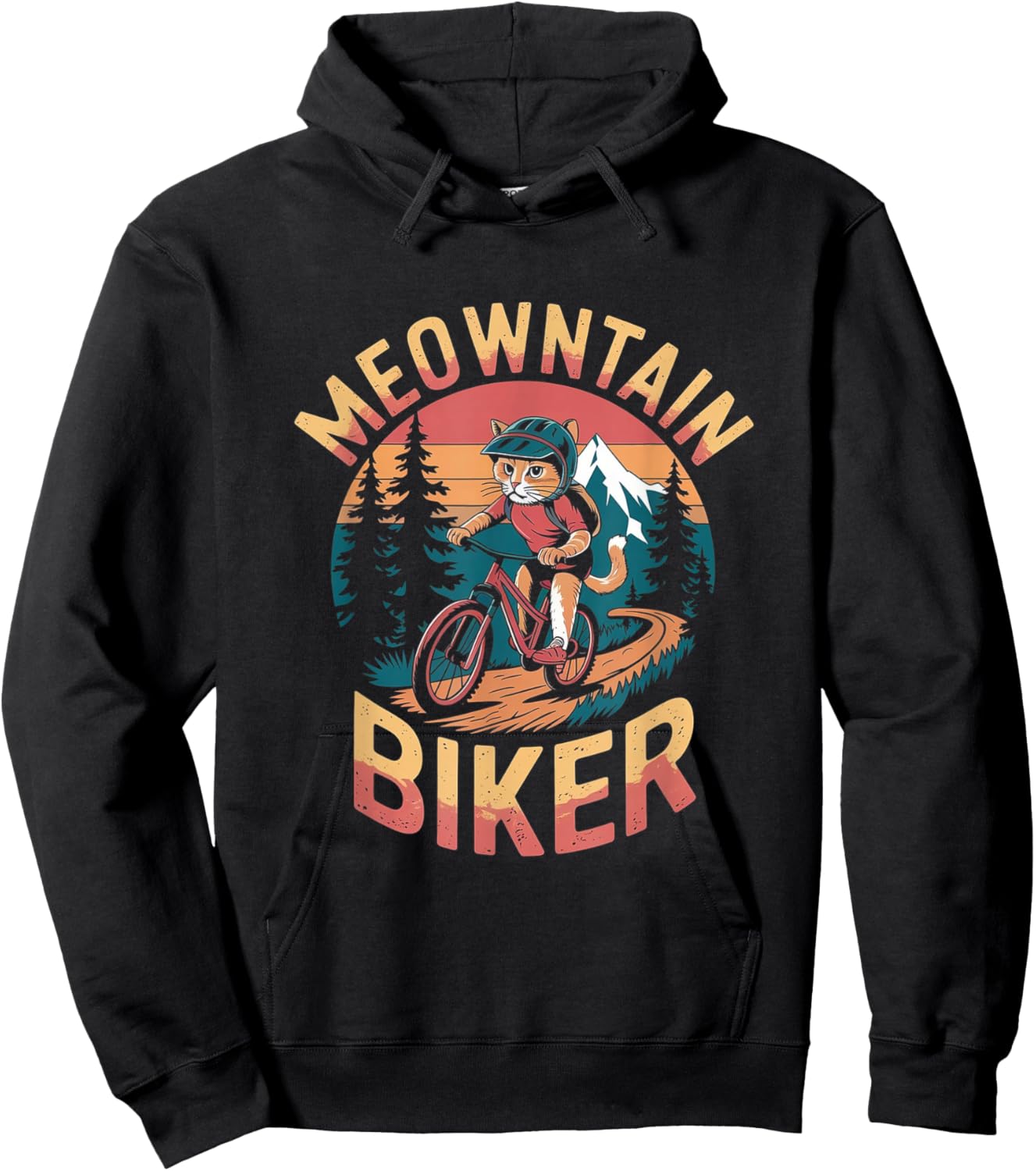 Retro Mountain Biker Pun - Funny Mountain Biking Cat Hoodie - Hoodie | Black