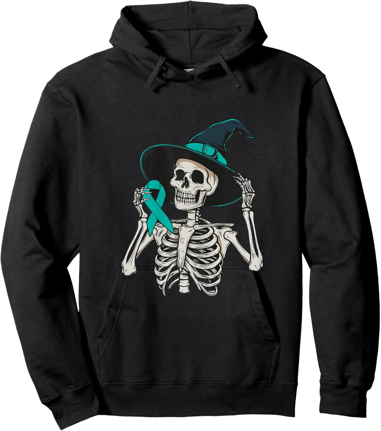 Teal Ribbon Peritoneal Cancer Awareness Skeleton Halloween Hoodie - Hoodie | Black