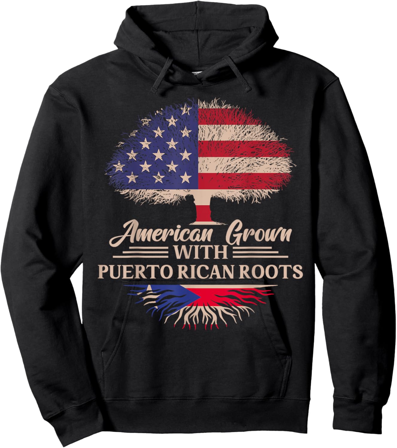 American Grown With Puerto Rican Roots Half American Flag Hoodie - Hoodie | Black