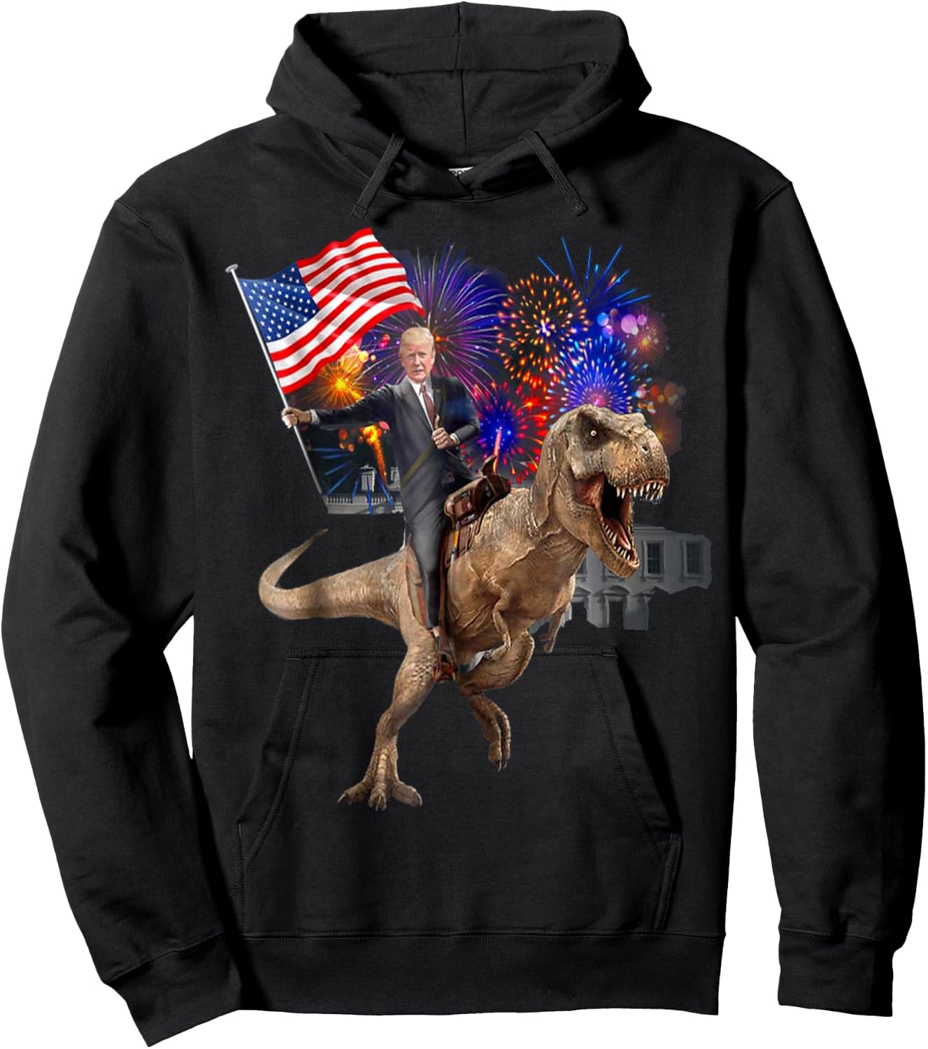 Trump Riding a Dinosaur T-rex Suppor Trump 2020 Hoodie - Hoodie | Black