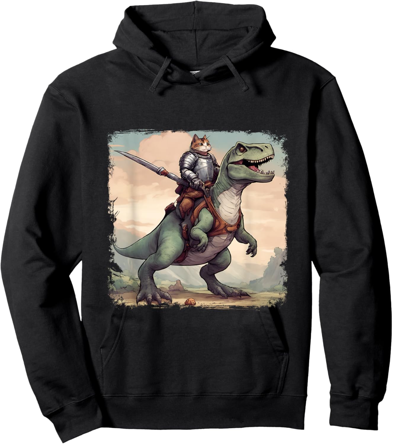 Cat Knight riding a T-Rex. Fun Men Women Hoodie - Hoodie | Black
