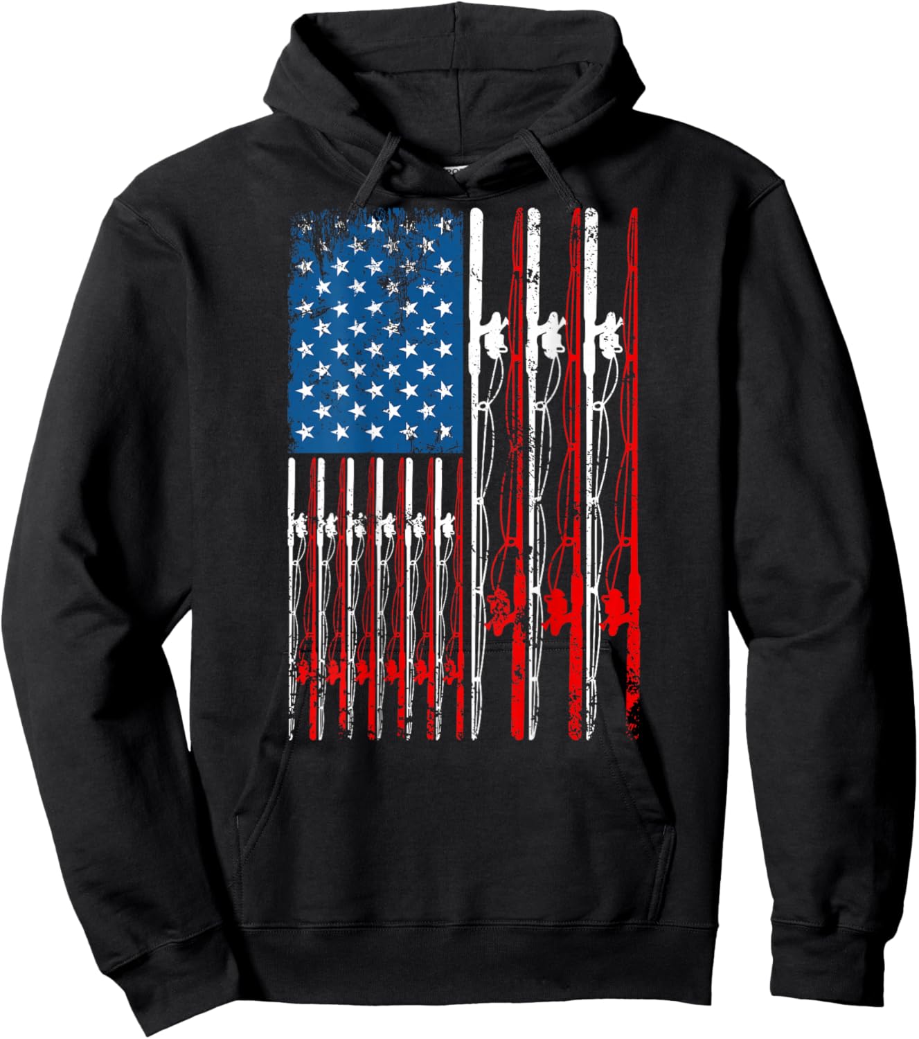 American Flag Fishing Rod Fishing Lover Vintage Fisherman Hoodie - Hoodie | Black