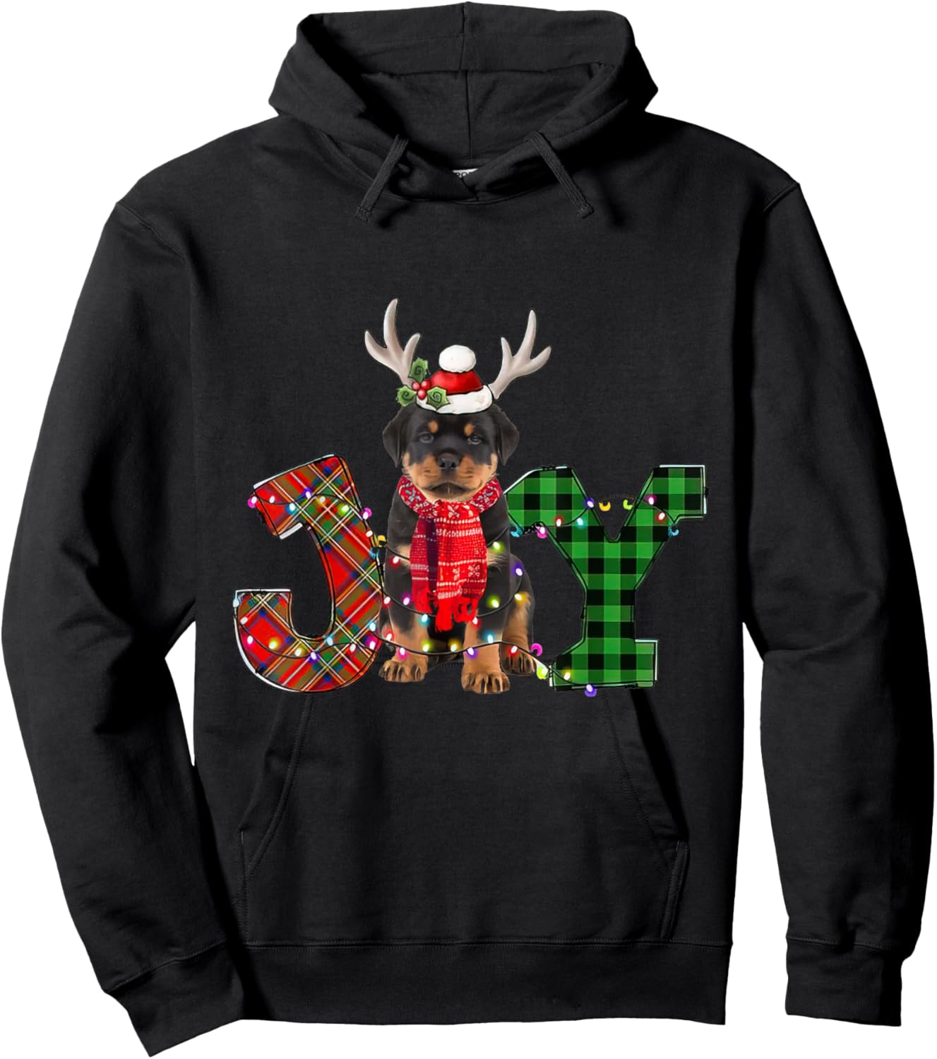 Joy Christmas Lights Rottweiler Dog Santa Hat Pajama Women Kids Hoodie - Hoodie | Black