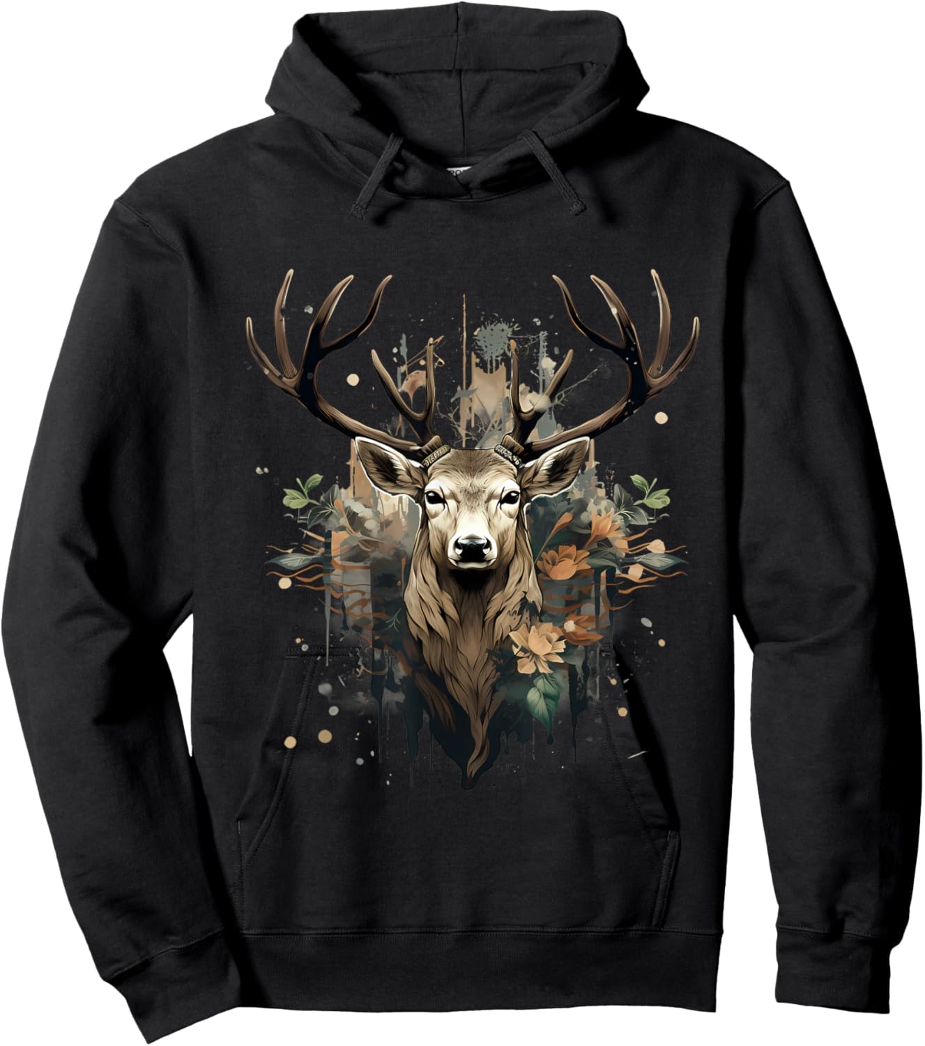 Deer Portrait Floral Artwork Wildlife Nature Animal Lovers Hoodie - Hoodie | Black