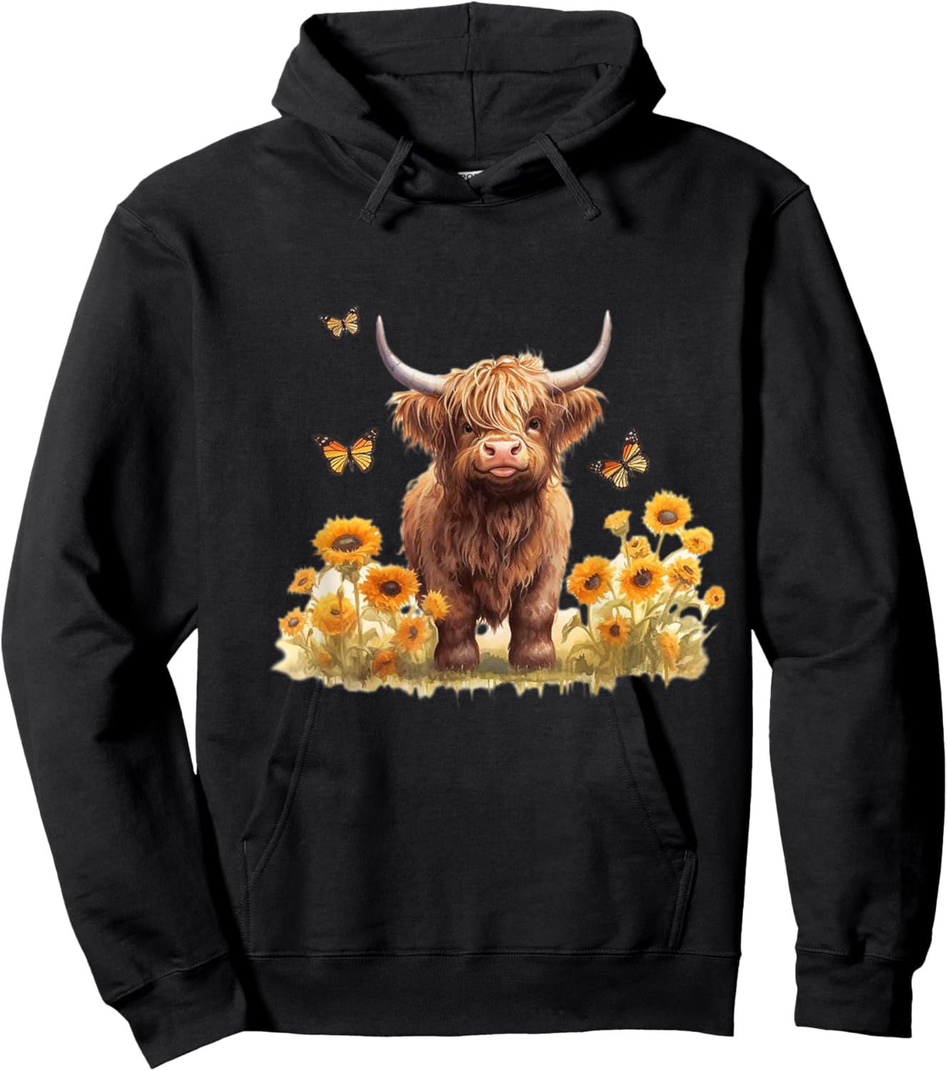 Cute Highland cow with sunflowers country Heifer Farm Farmer Hoodie - Hoodie | Black