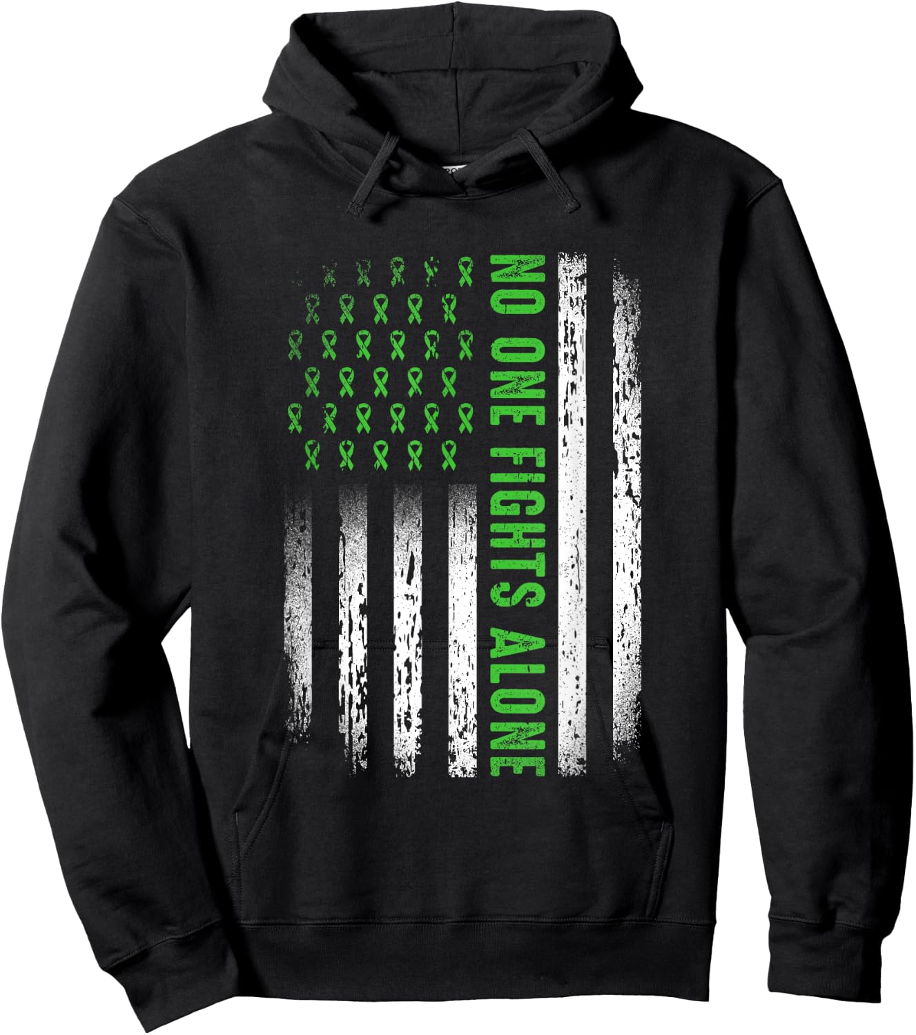 American Flag No One Fights Mental Health Alone Green Ribbon Hoodie - Hoodie | Black