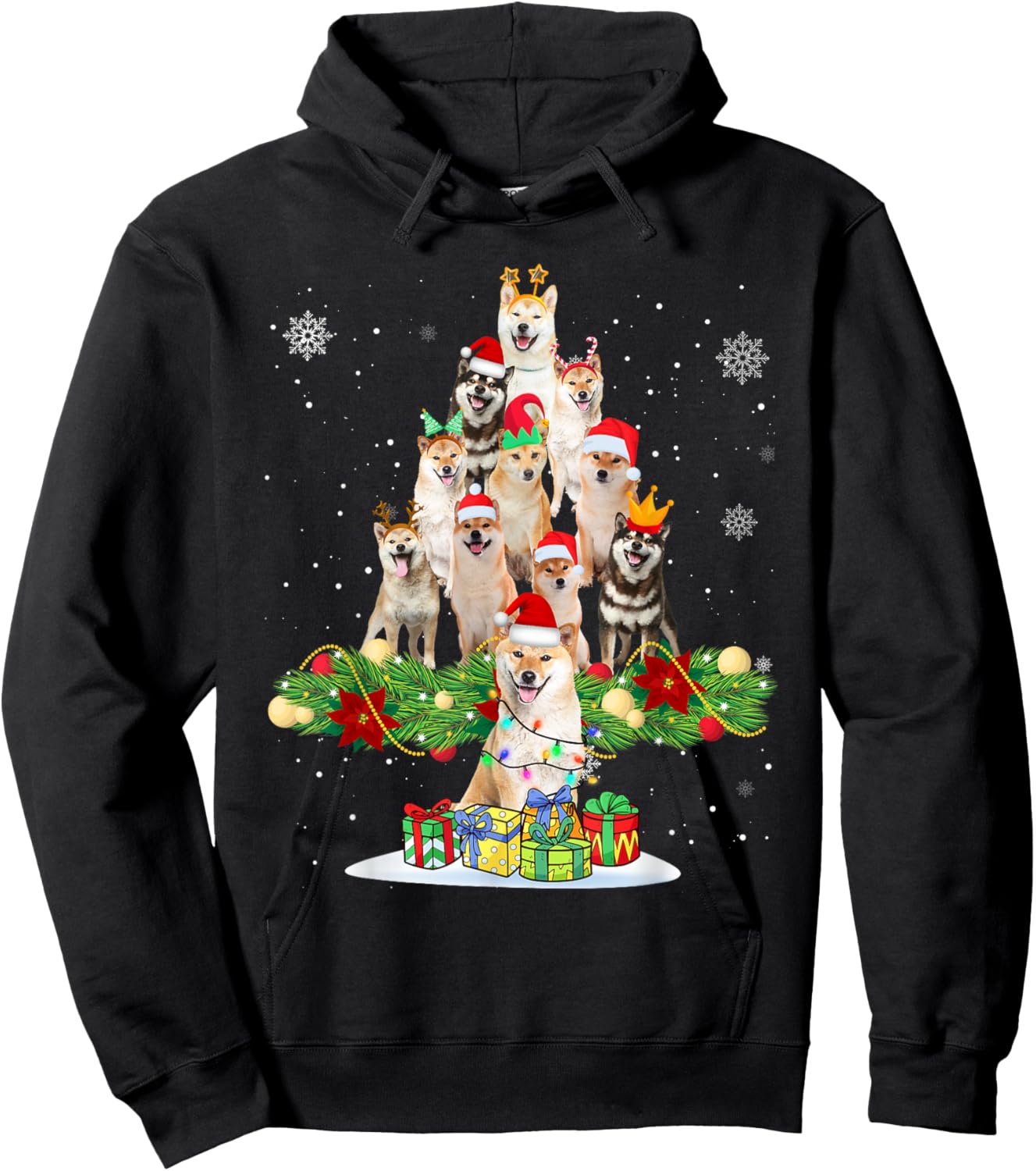 Ugly Sweater Christmas Tree Shiba Inu Dog Xmas Lights Hoodie - Hoodie | Black