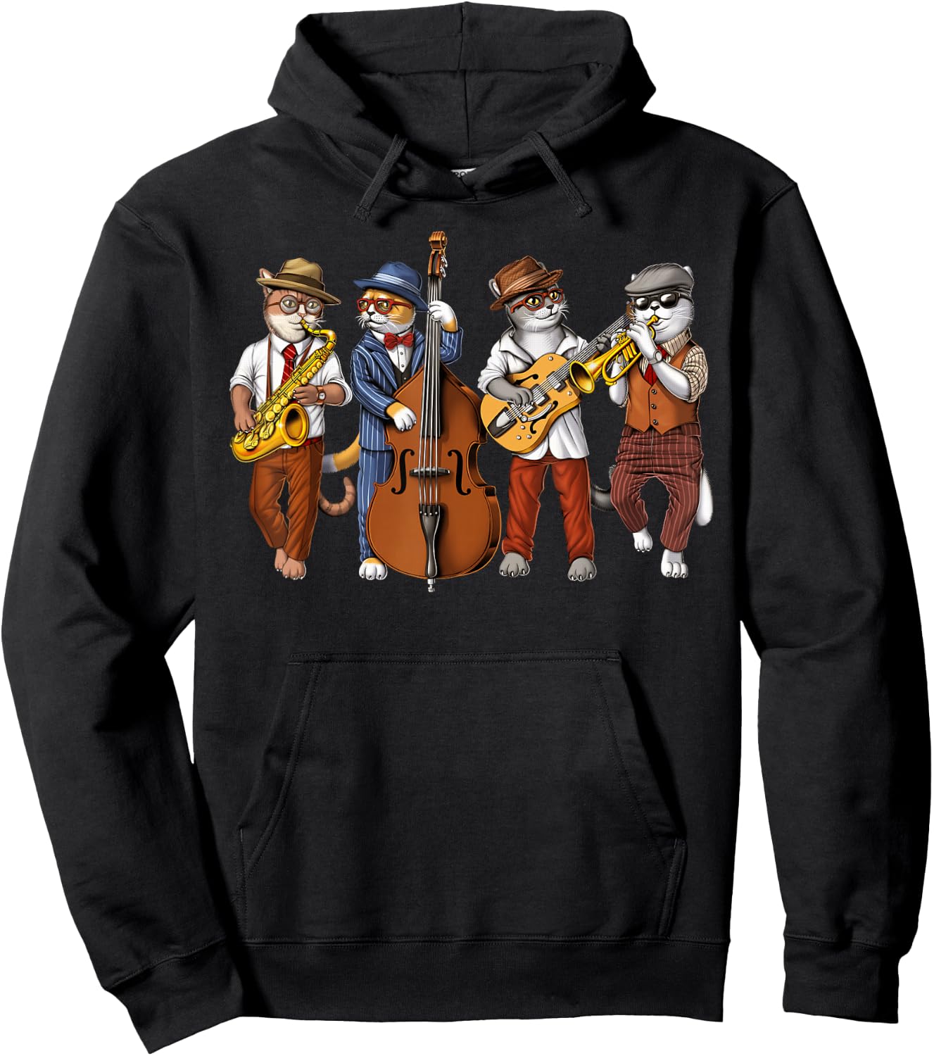 Cat Saxophone Player Jazz Musician Trumpet Double Bass Hoodie - Hoodie | Black
