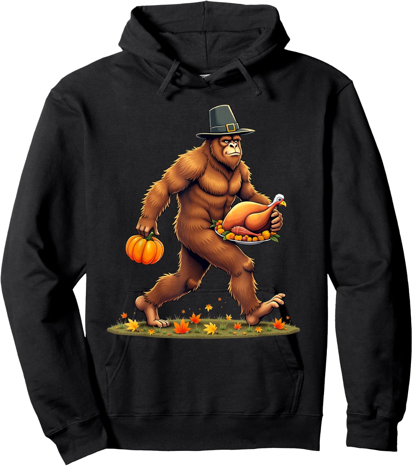 Funny Bigfoot Thanksgiving Day Pilgrim Turkey Pumpkin Hoodie - Hoodie | Black