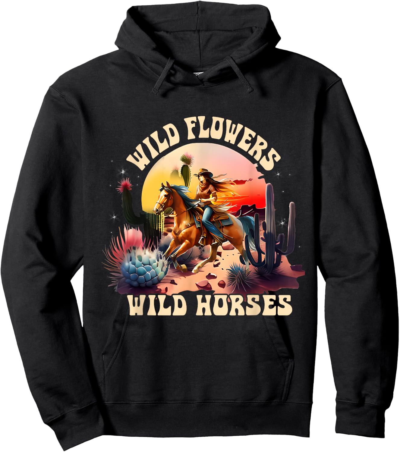 Sunset Cowgirl Riding Horse Wild Flowers - Wild Horses Hoodie - Hoodie | Black
