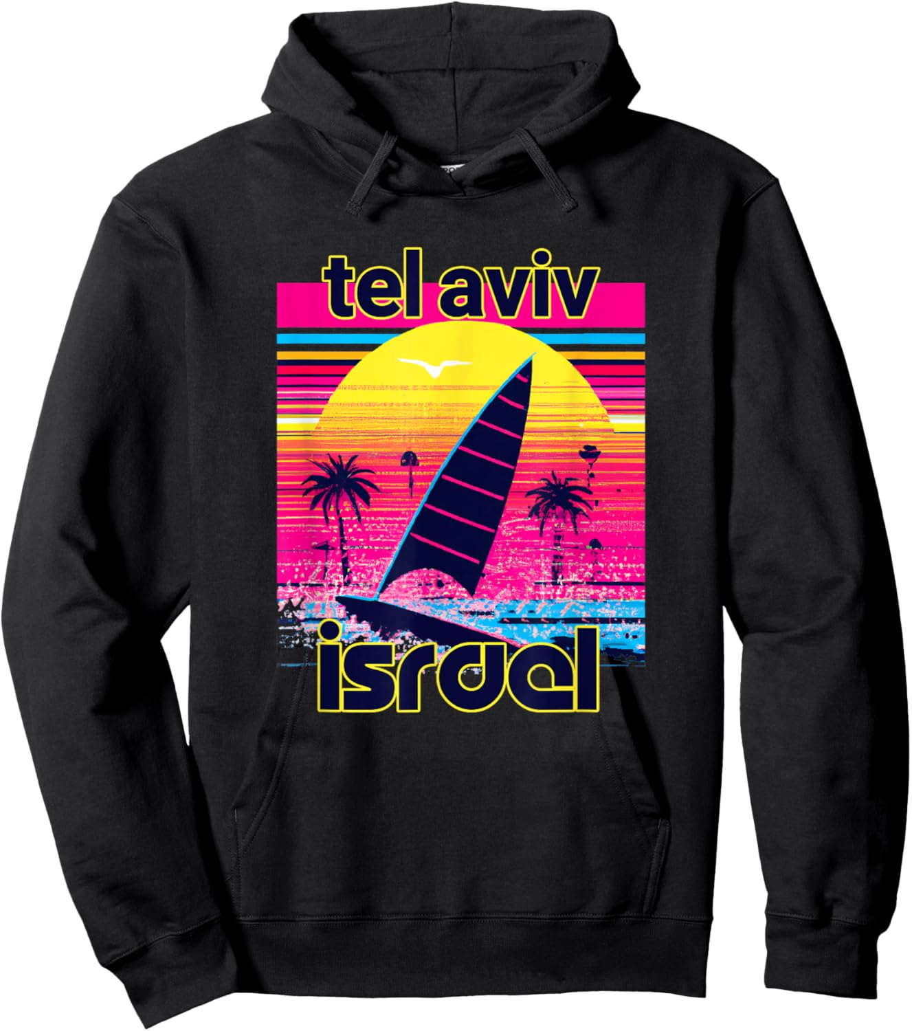 Tel Aviv Retro 80s Style Souvenir Beach Men Women Girls Kids Hoodie - Hoodie | Black