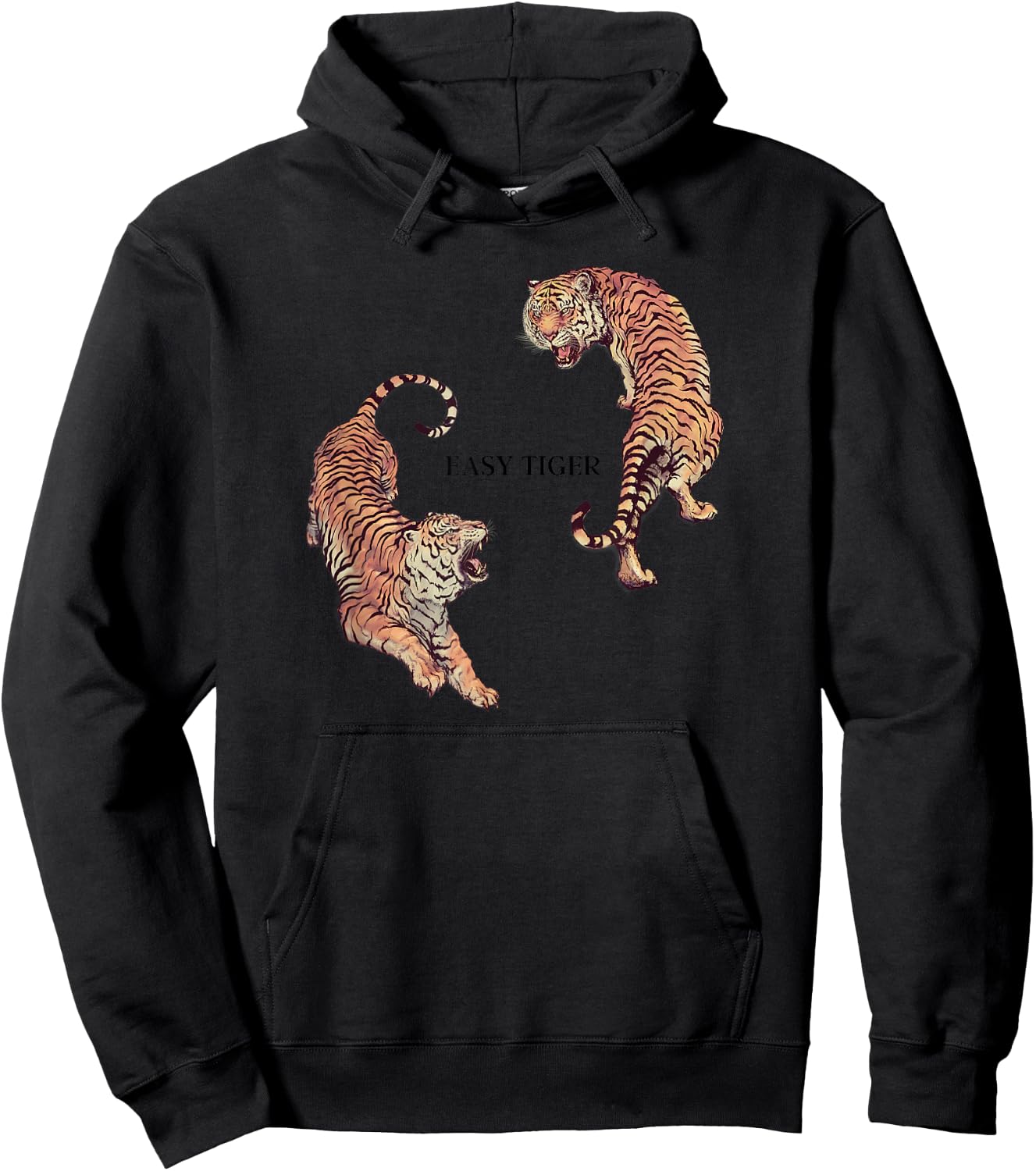 Vintage Easy Tiger Graphic, Chinese Tiger Aesthetic Hoodie - Hoodie | Black