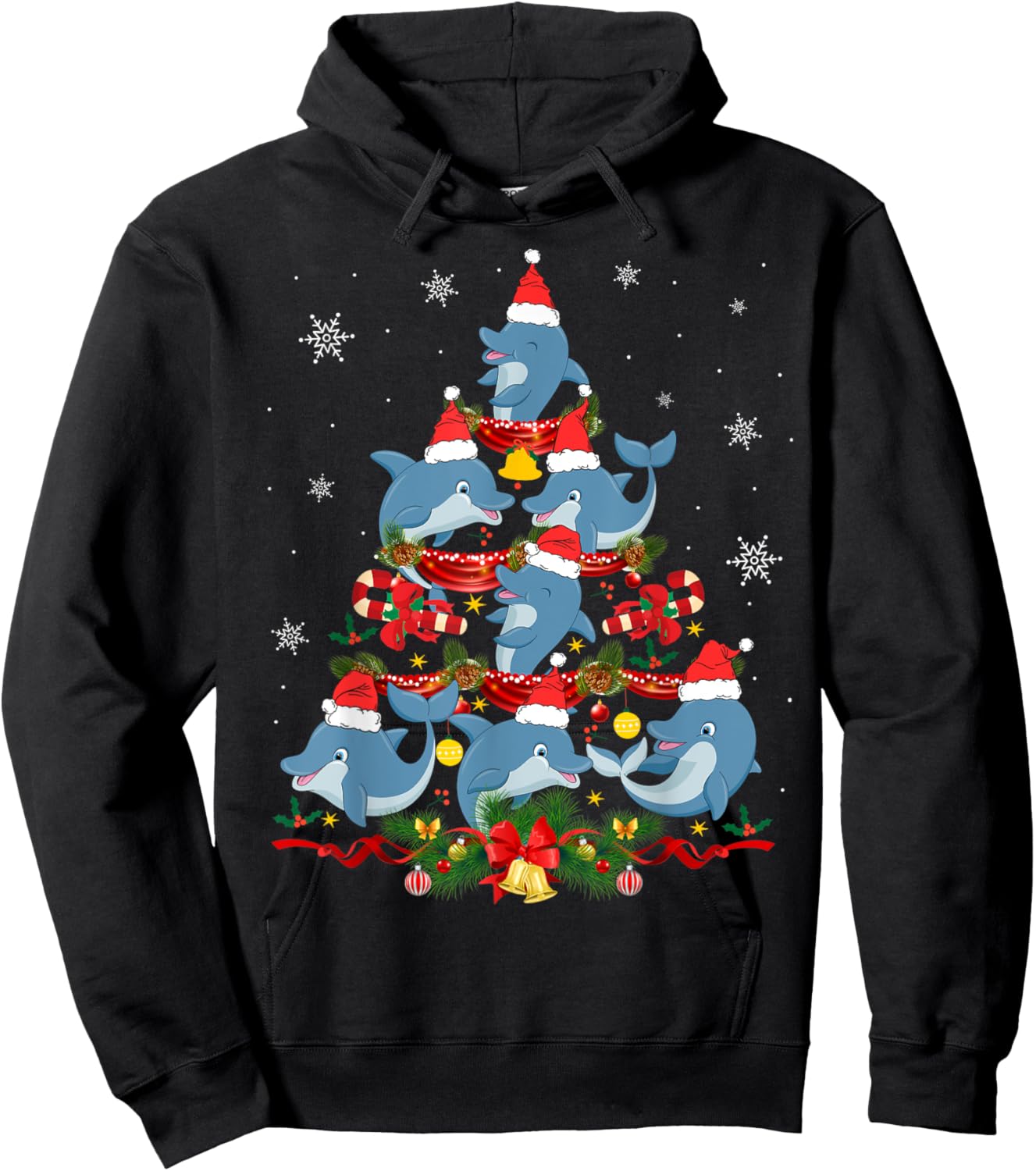 Santa Dolphin Christmas Tree Light Animal Lover Ornament Hoodie - Hoodie | Black