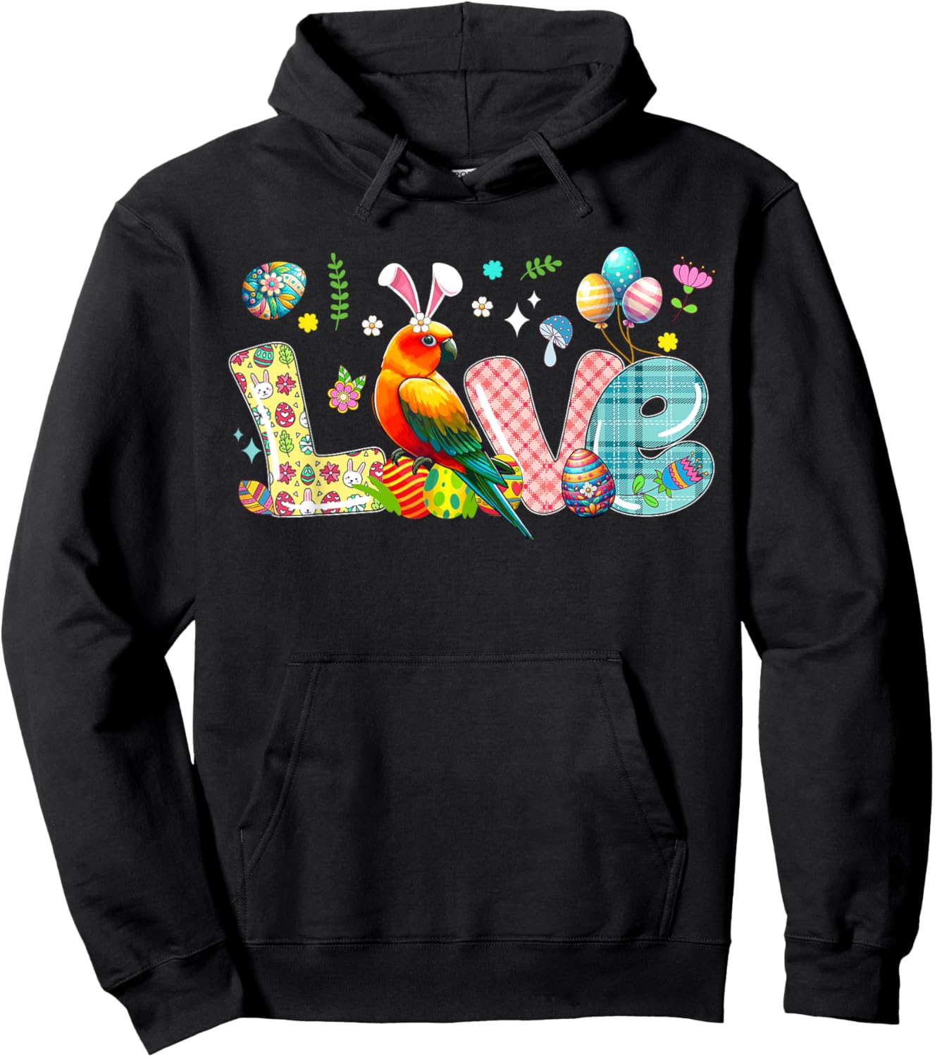 Love Easter Bunny Sun Conure Hunting Eggs Flowers Colourful Hoodie - Hoodie | Black