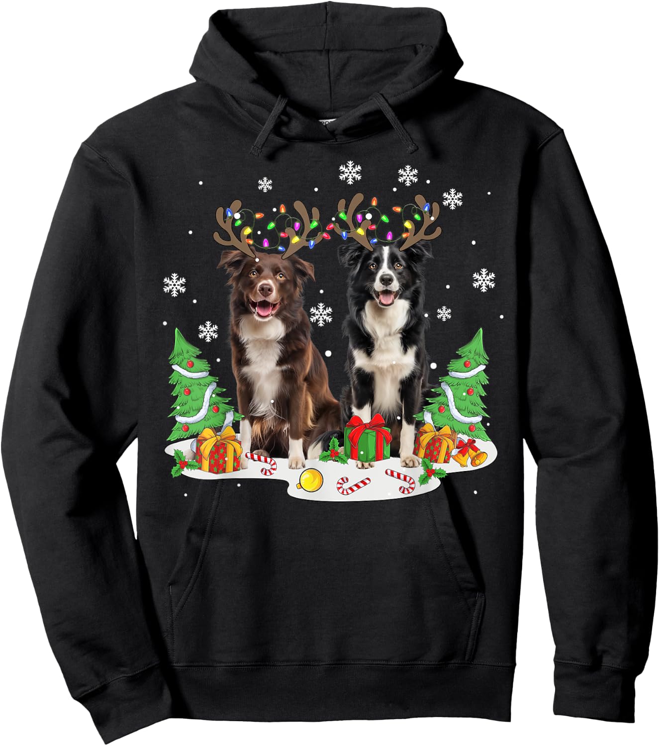Border collie Dog Christmas lights Xmas Border collie dog Women Kids Hoodie - Hoodie | Black