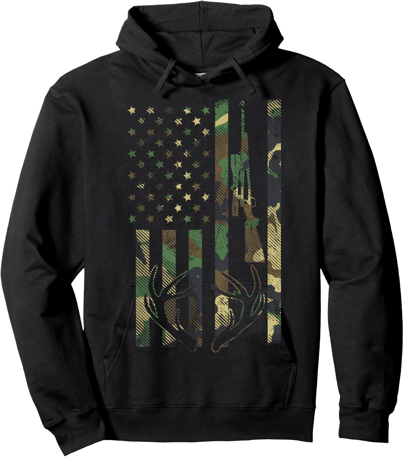 Camo American Flag Rifle Antler Deer Hunting Gun Hunter Gift Hoodie - Hoodie | Black