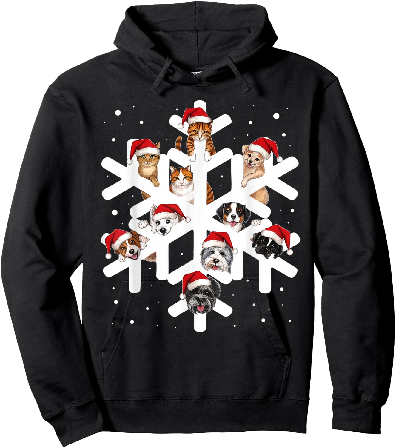 Cute Snowflake Cats Dogs Santa Hat Pets Lover Christmas Pjs Hoodie - Hoodie | Black