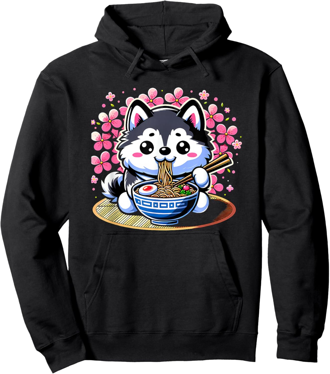 Kawaii Siberian Husky dog Eating Ramen Hoodie - Hoodie | Black