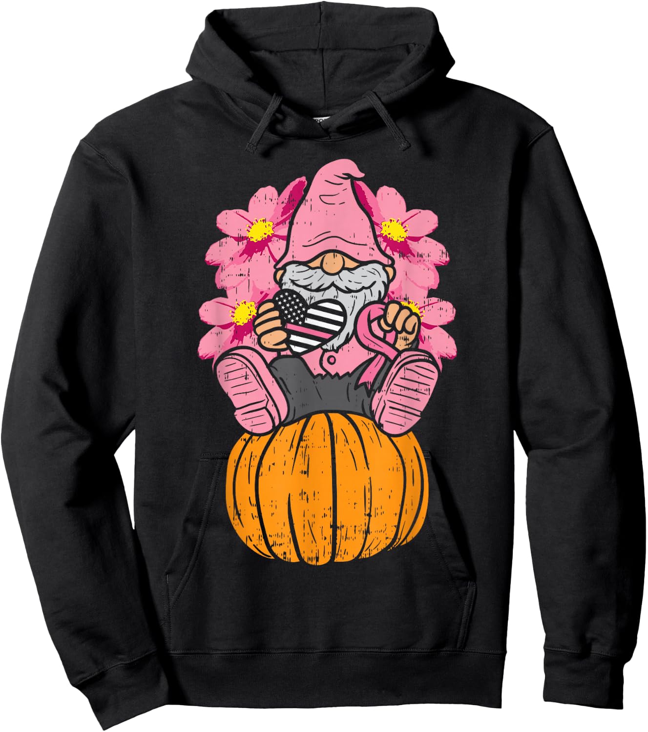 Gnome On Pumpkin Pink Ribbon Breast Cancer Halloween Gift Hoodie - Hoodie | Black