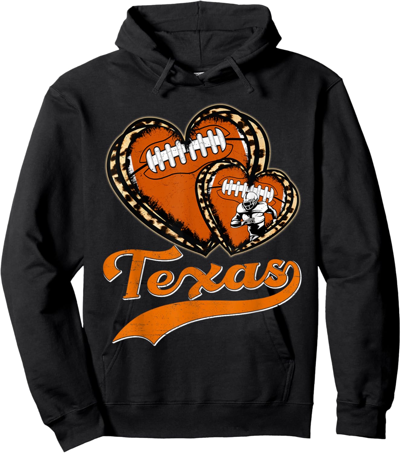 Vintage Leopard Heart Texas Football Player Sport Fans Hoodie - Hoodie | Black