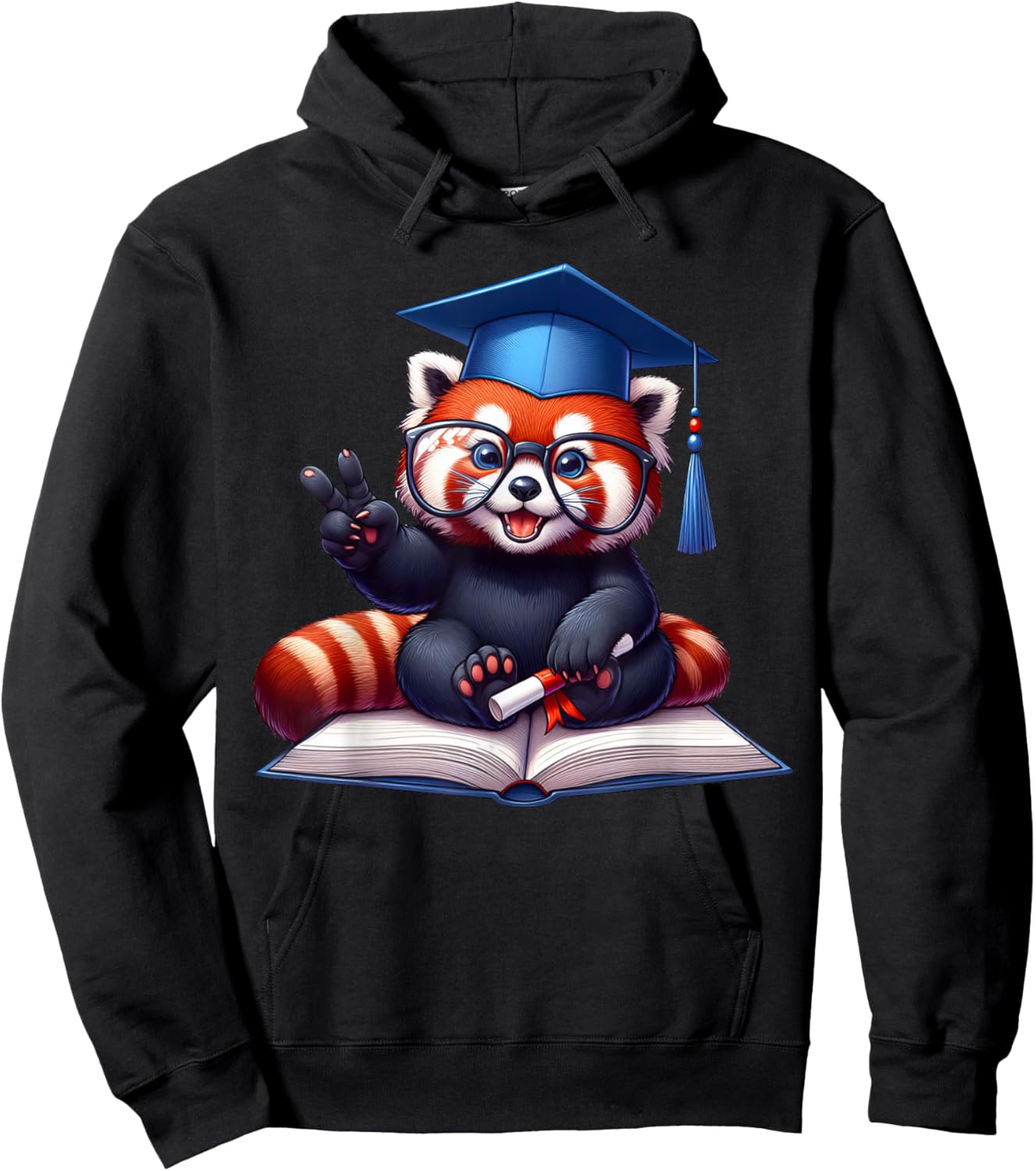 Peace Sign Hand Graduate Red Panda Graduation Hoodie - Hoodie | Black