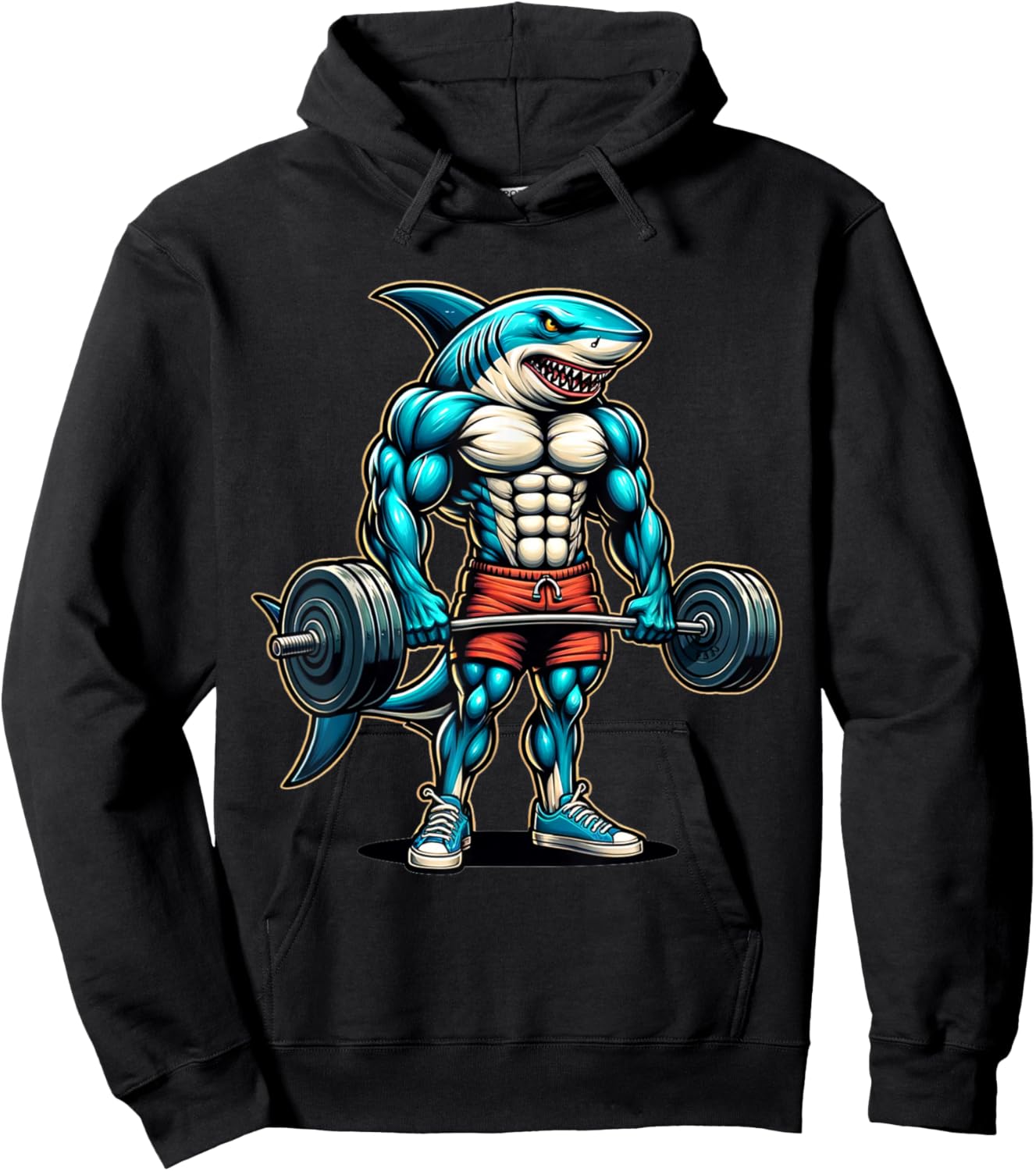 Funny Cool Shark Weightlifting Bodybuilder Muscle Fitness Hoodie - Hoodie | Black