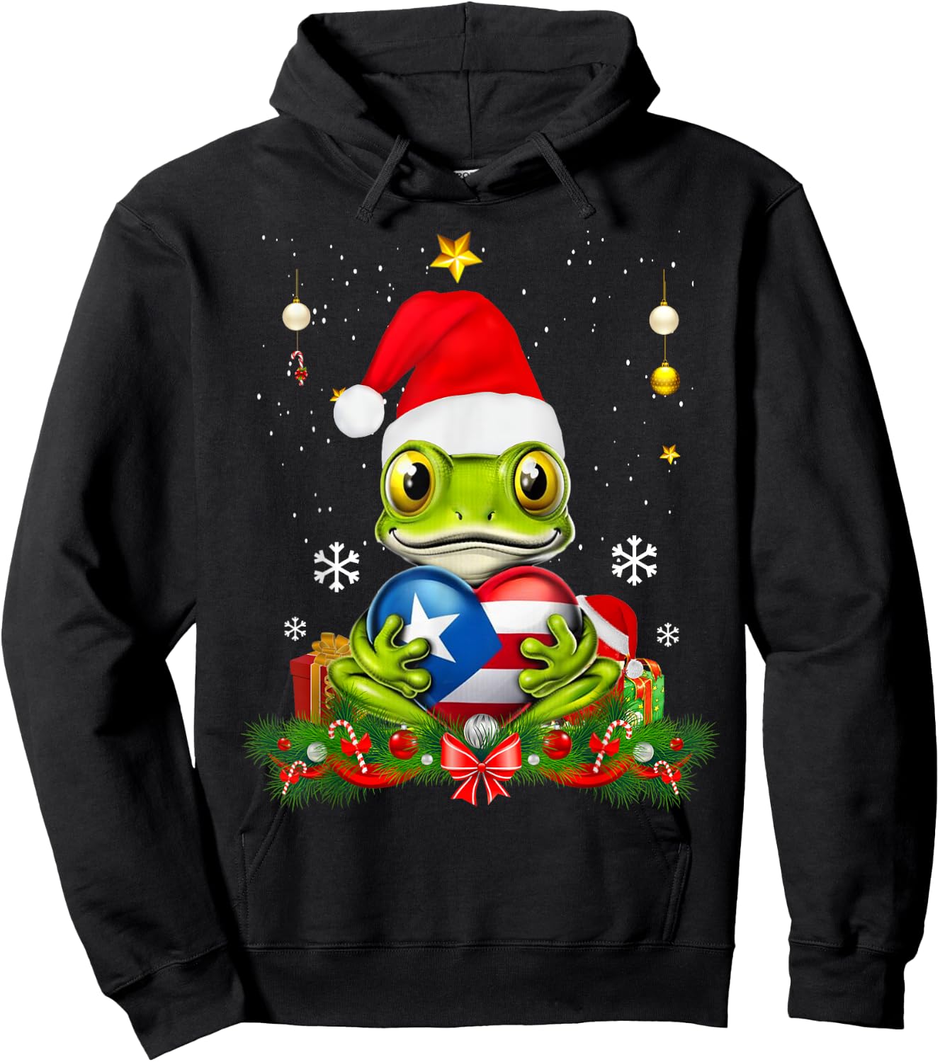 Patriotic Puerto Rico Flag Frog Tree Christmas Puero Rican Hoodie - Hoodie | Black