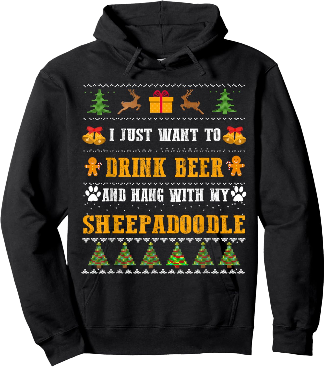 Drink Beer Funny Sheepadoodle Lovers Ugly Christmas Sweater Hoodie - Hoodie | Black