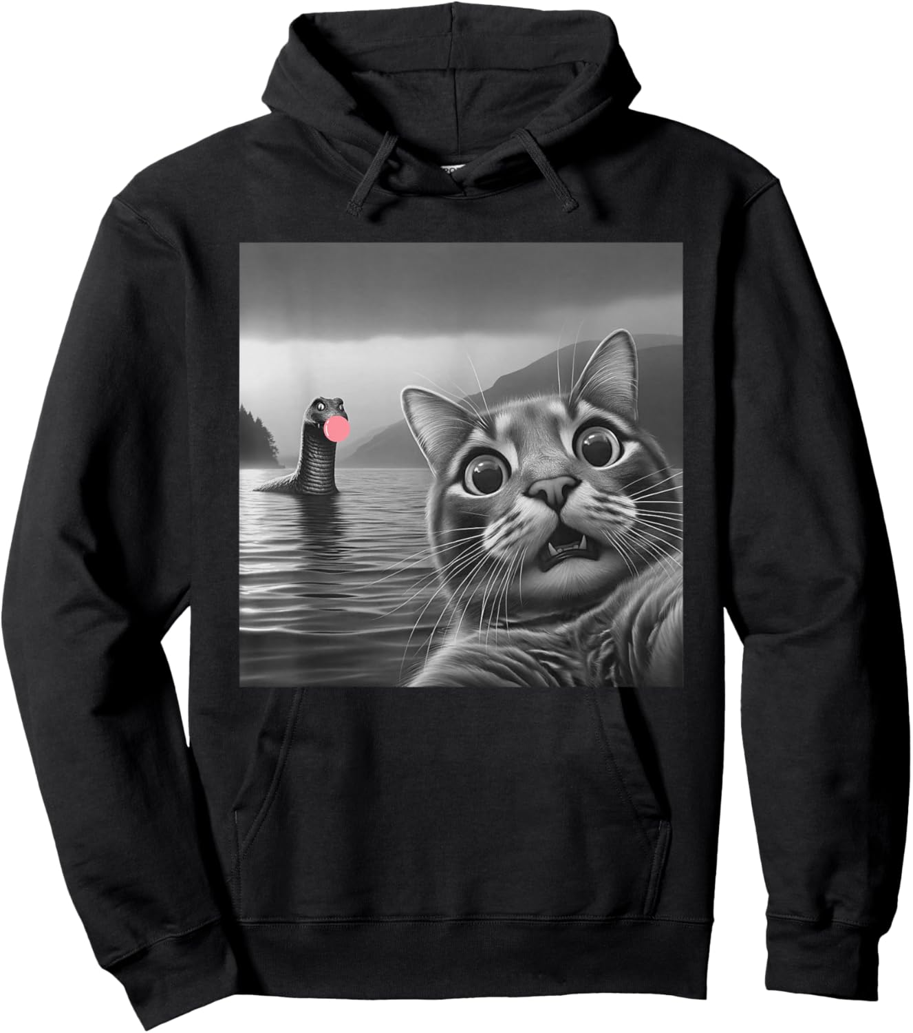 Funny Surprised Cat Selfie with Loch Ness Monster, Bubble Women Girls Kids Hoodie - Hoodie | Black