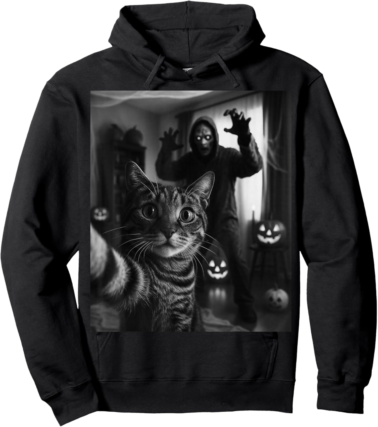 Funny Cat Selfie with Skeleton Scary Halloween Meme Hoodie - Hoodie | Black