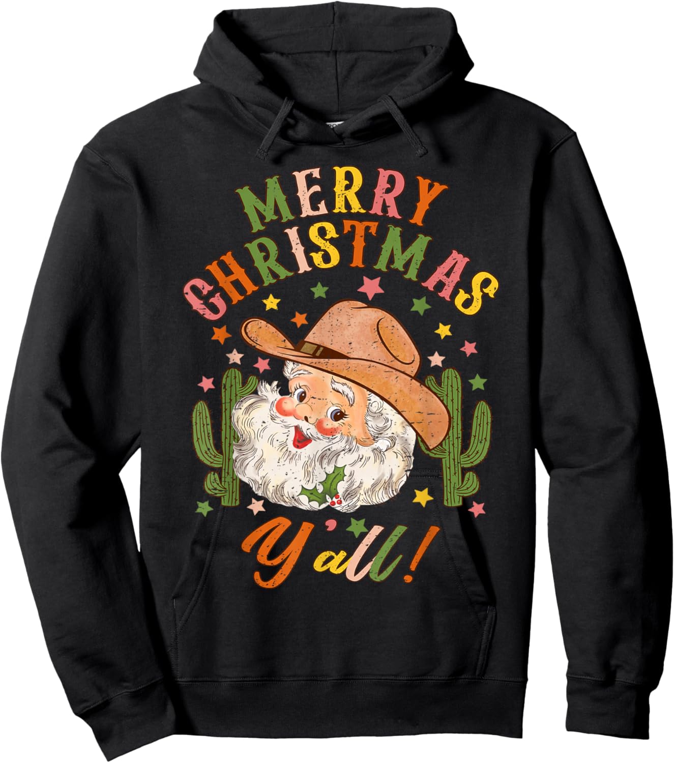 Merry Christmas Y'all Howdy Santa Cowgirl Cowboy Hat Xmas Hoodie - Hoodie | Black