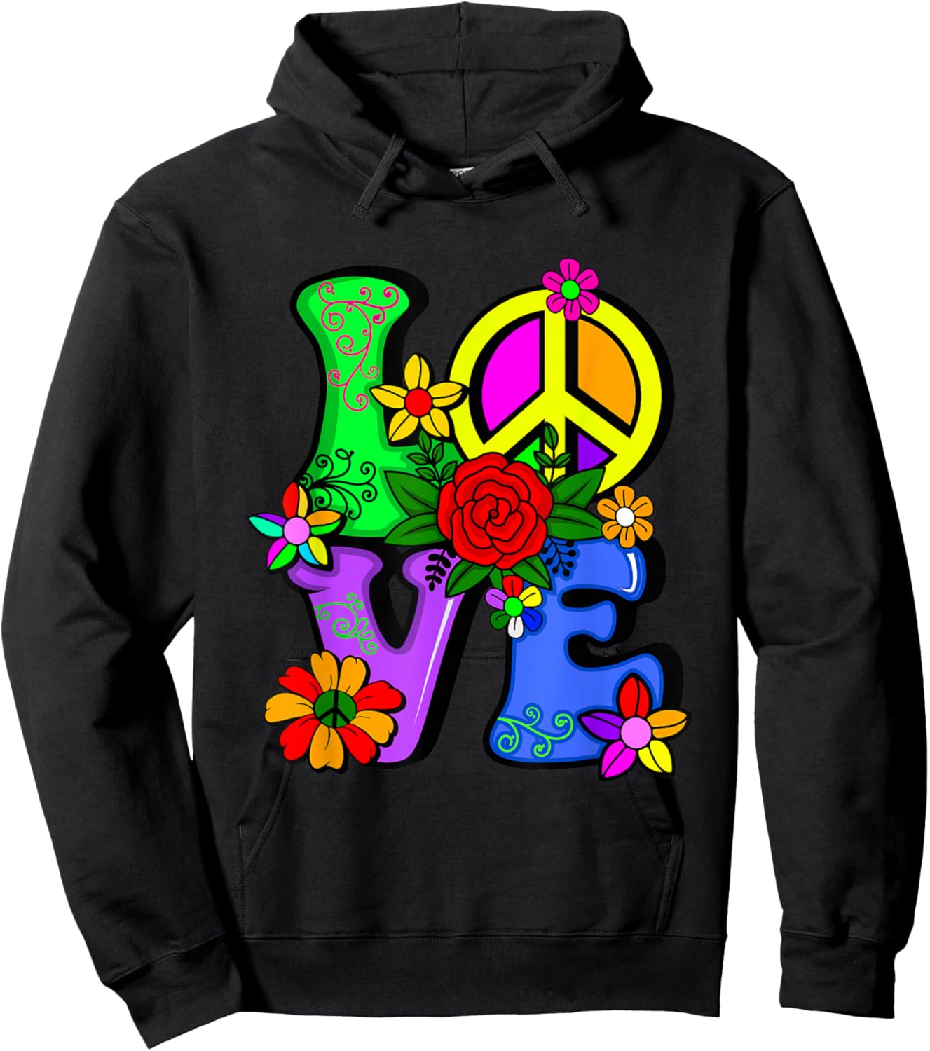 Retro 60's 70's Flower Power Hippy, Groovy Love Peace Hippie Hoodie - Hoodie | Black