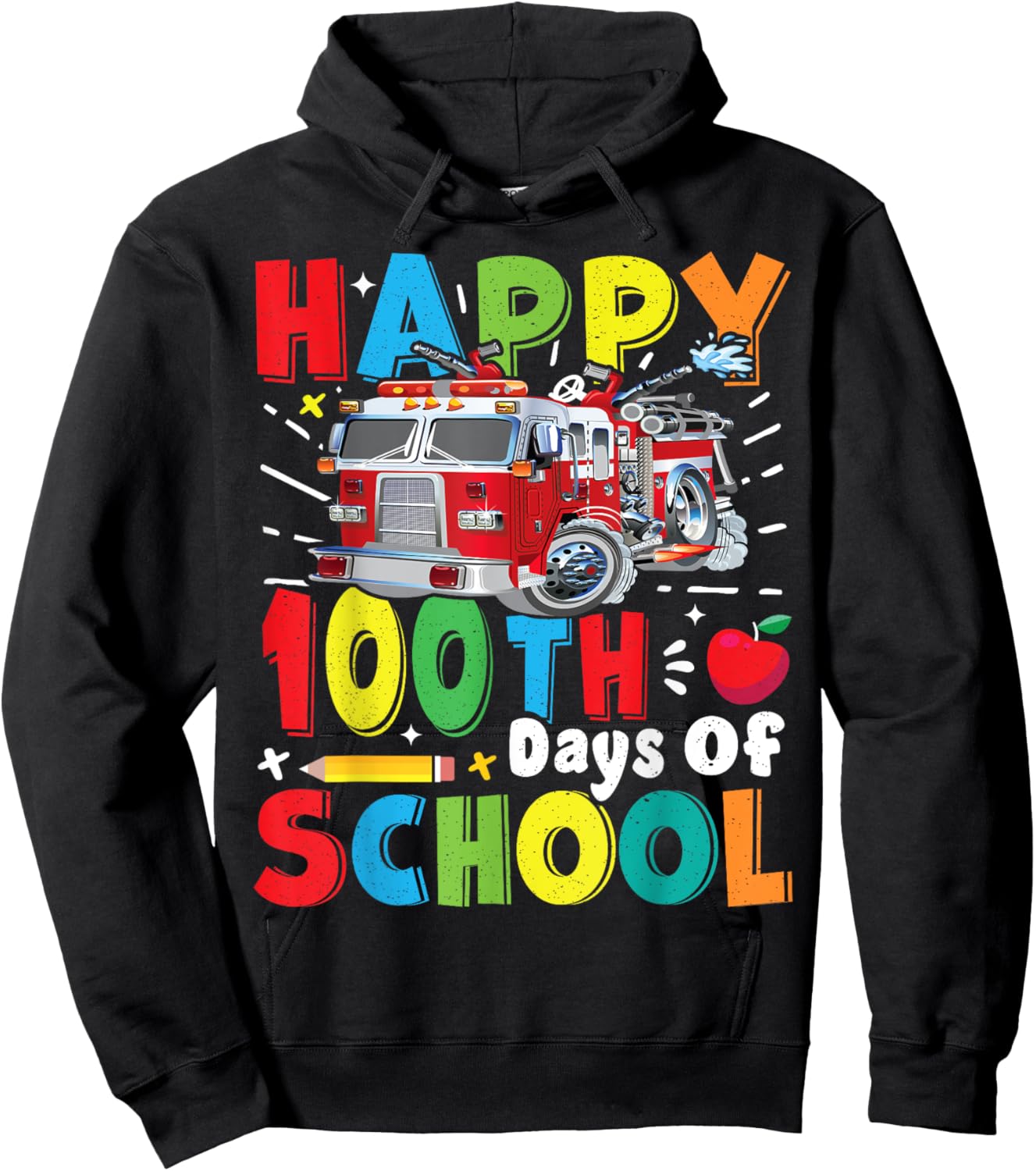 Fire Truck 100 Day of School Apparel for Teachers Boys Girls Hoodie - Hoodie | Black
