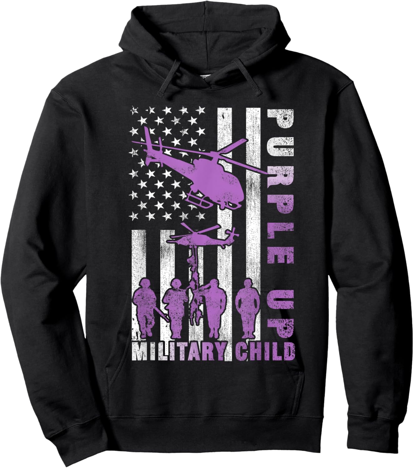 Military Child Purple Up Shirt American Flag Helicopter Kids Hoodie - Hoodie | Black