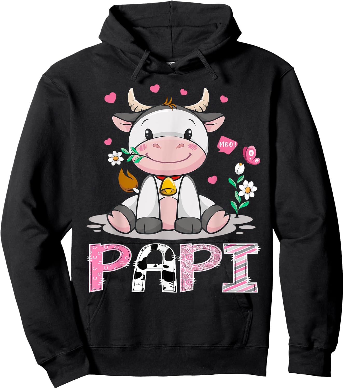 Papi Cute Cow Moo Farmer Birthday Family Matching Hoodie - Hoodie | Black