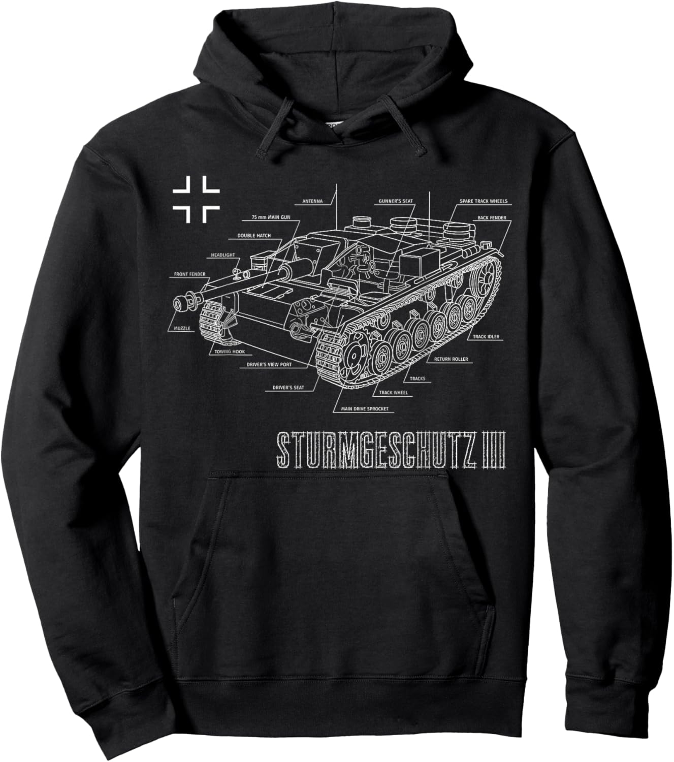 World War 2 Army German Tank StuG III Ausf. G Blueprint Hoodie - Hoodie | Black