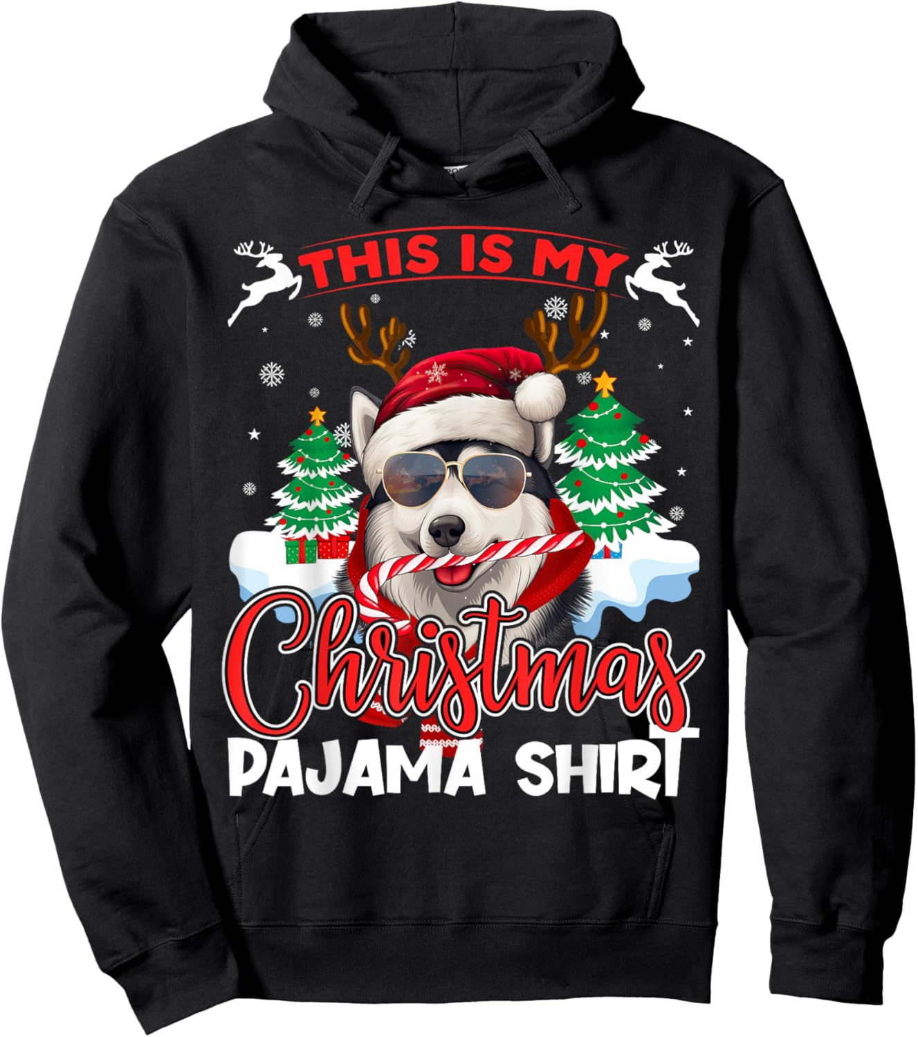 Siberian Husky Santa Christmas Pajama Xmas Family Matching Hoodie - Hoodie | Black