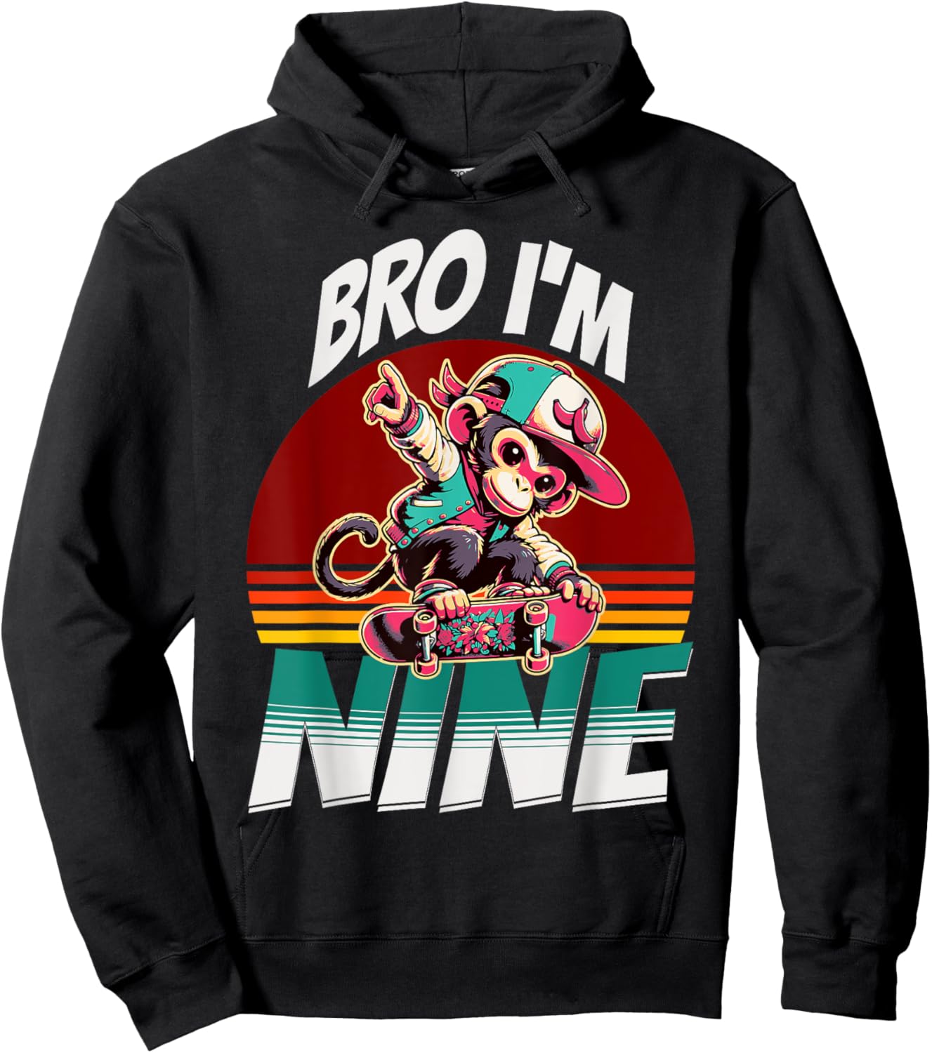 Bro I'm Nine 9th Birthday Monkey Lovers Skateboard Bday Hoodie - Hoodie | Black