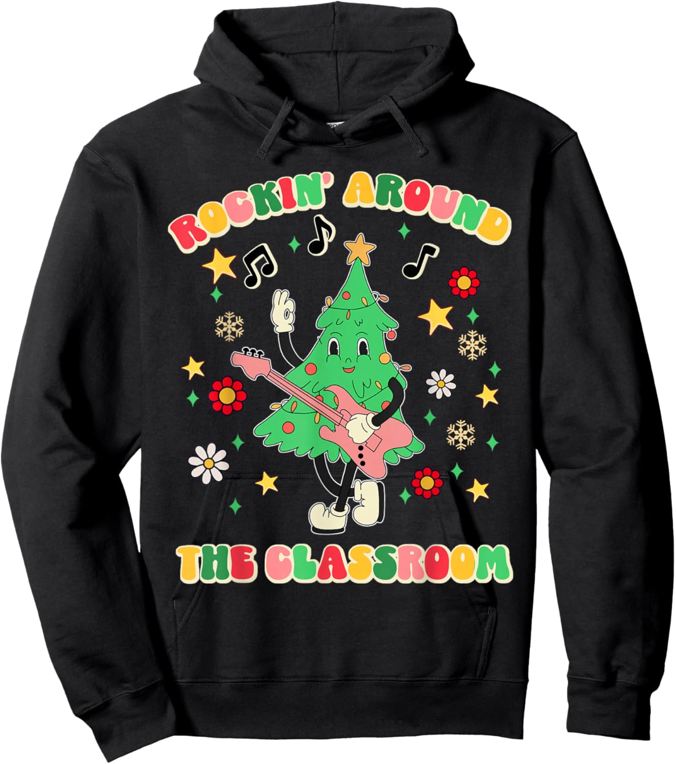 Teacher Christmas Gifts Shirts Pajama Matching Rockin' Around The Classroom -Adult Black Short Sleeve Small Modern Festive Christmas Teacher Xmas Vibes Hoodie - Hoodie | Black