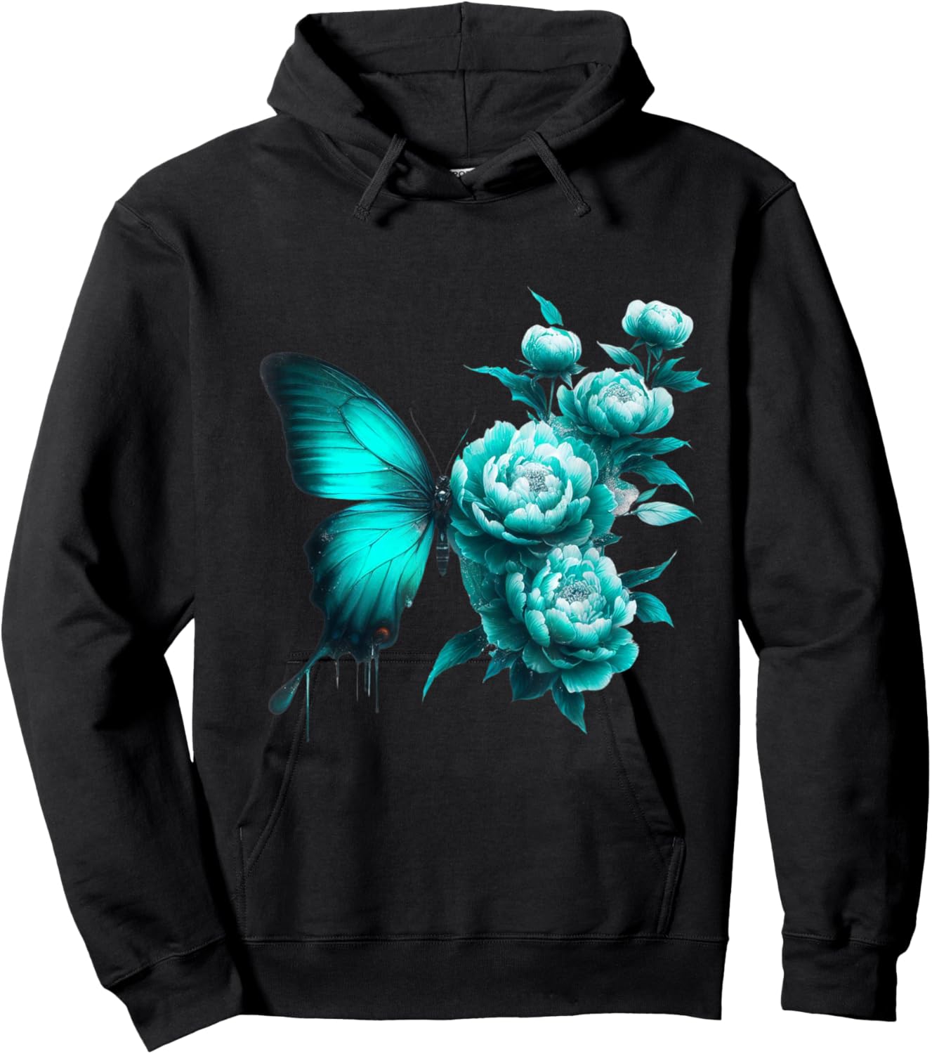 Teal Butterfly Wings Blossoming Floral Turquoise Butterflies Hoodie - Hoodie | Black