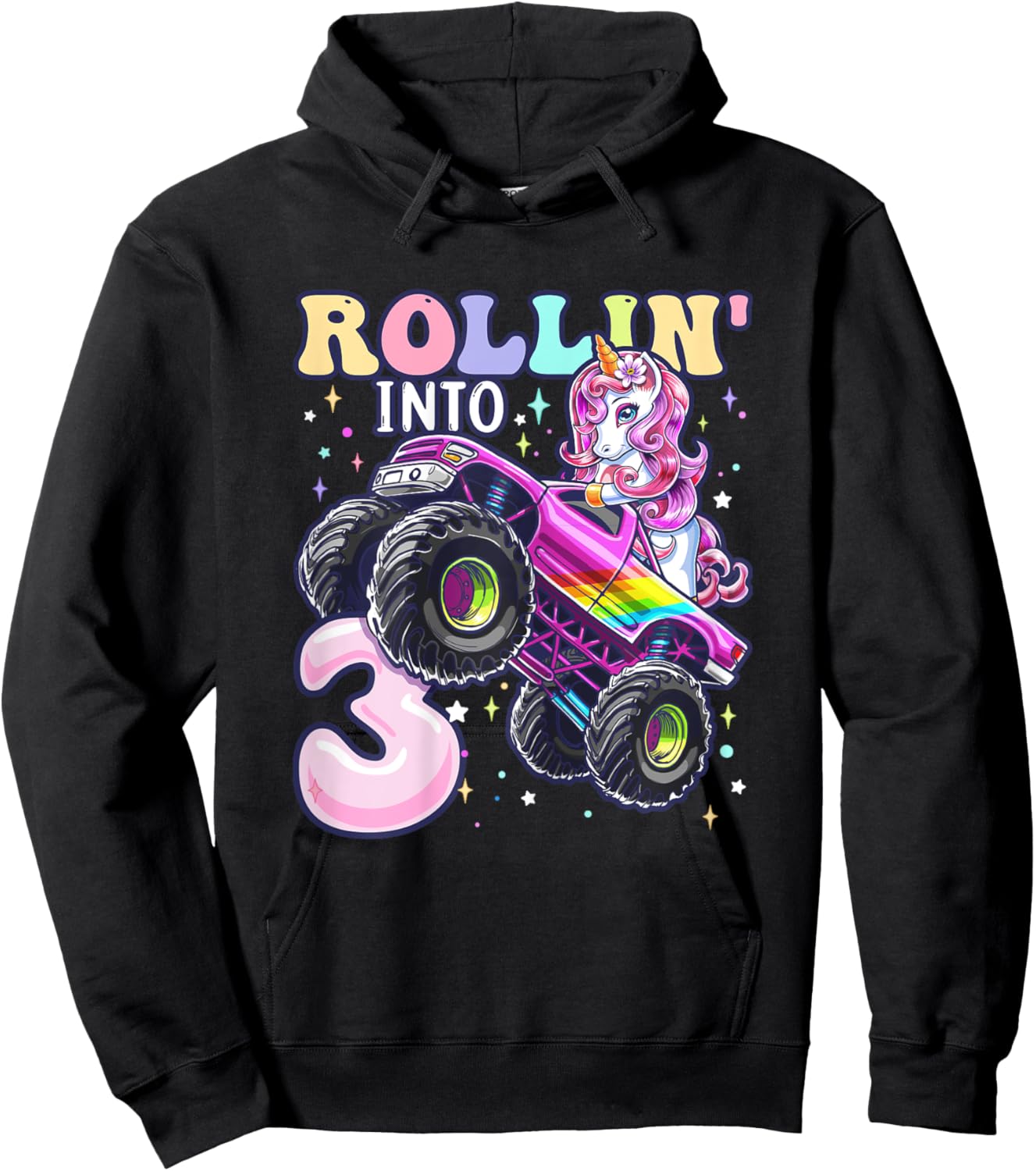 Unicorn Monster Truck 3rd Birthday 3 Year Old Girls Party Hoodie - Hoodie | Black