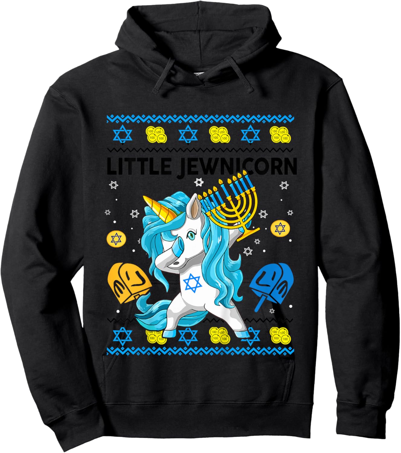 Ugly Hanukkah Sweater Jewnicorn Unicorn Funny Toddler Girl Hoodie - Hoodie | Black