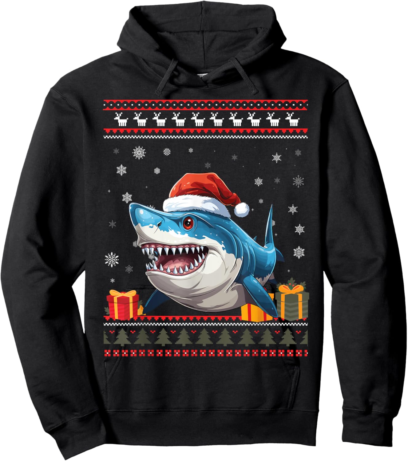 Shark Christmas Santa Hat Ugly Christmas Sweater Hoodie - Hoodie | Black