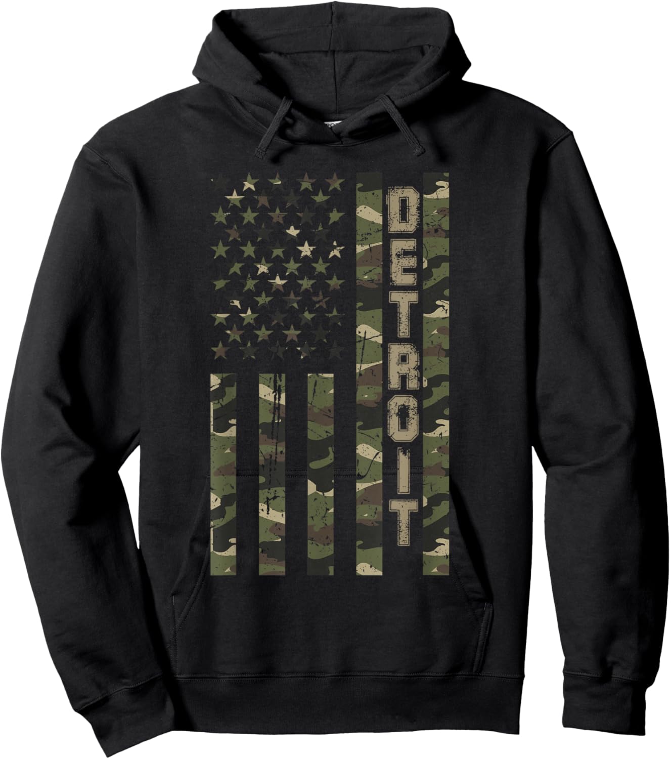 Detroit United States Distressed Camo w US Flag Hoodie - Hoodie | Black